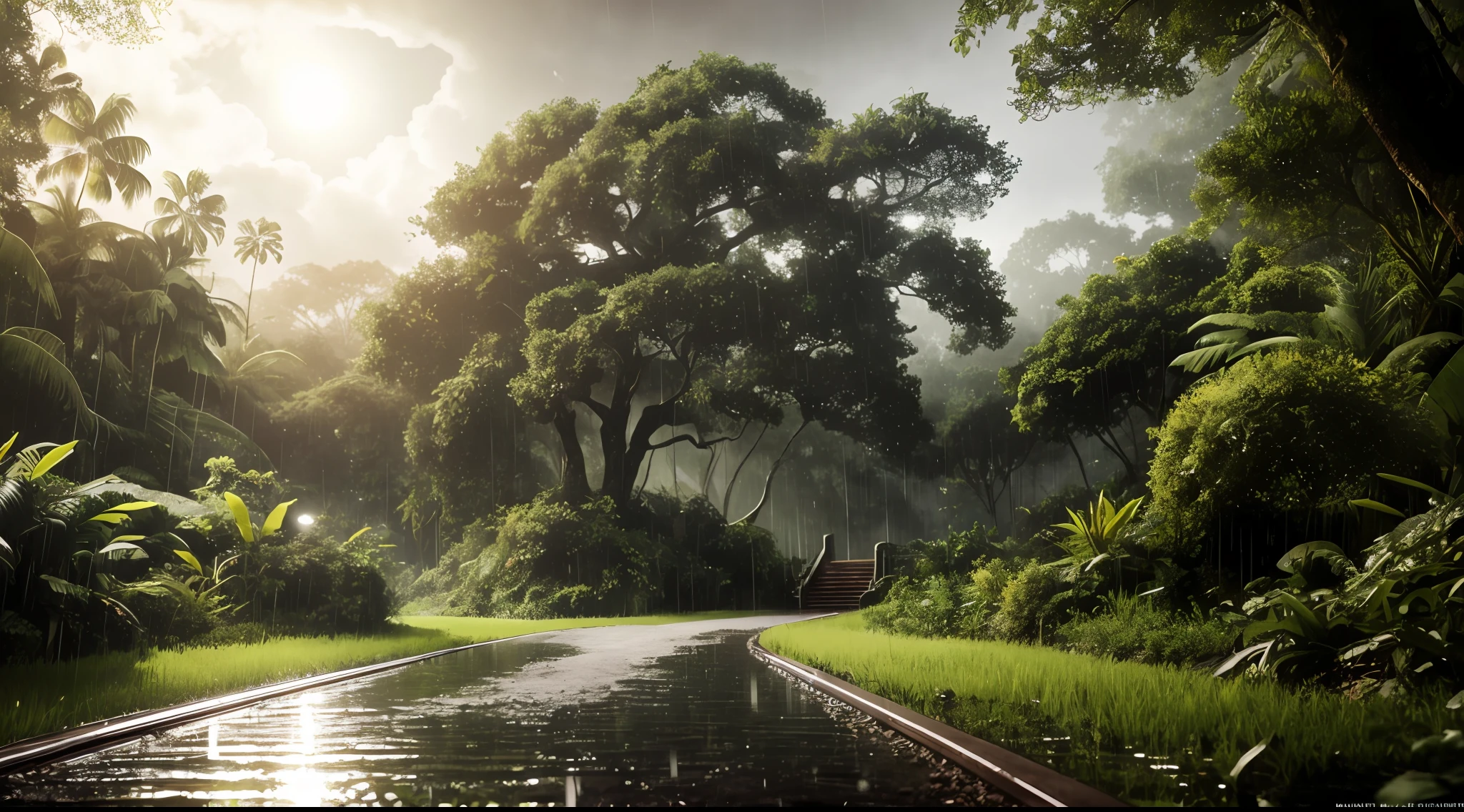 A jungle, with intense rainfall, monochromatic, vines all around, giant and wet trees, masterpiece, best quality, high quality, extremely detailed CG unity 8k wallpaper, oil paiting, award winning photography, Bokeh, Depth of Field, HDR, bloom, Chromatic Aberration ,Photorealistic,extremely detailed, trending on artstation, trending on CGsociety, Intricate, High Detail, dramatic, art by midjourney, volumetric lighting