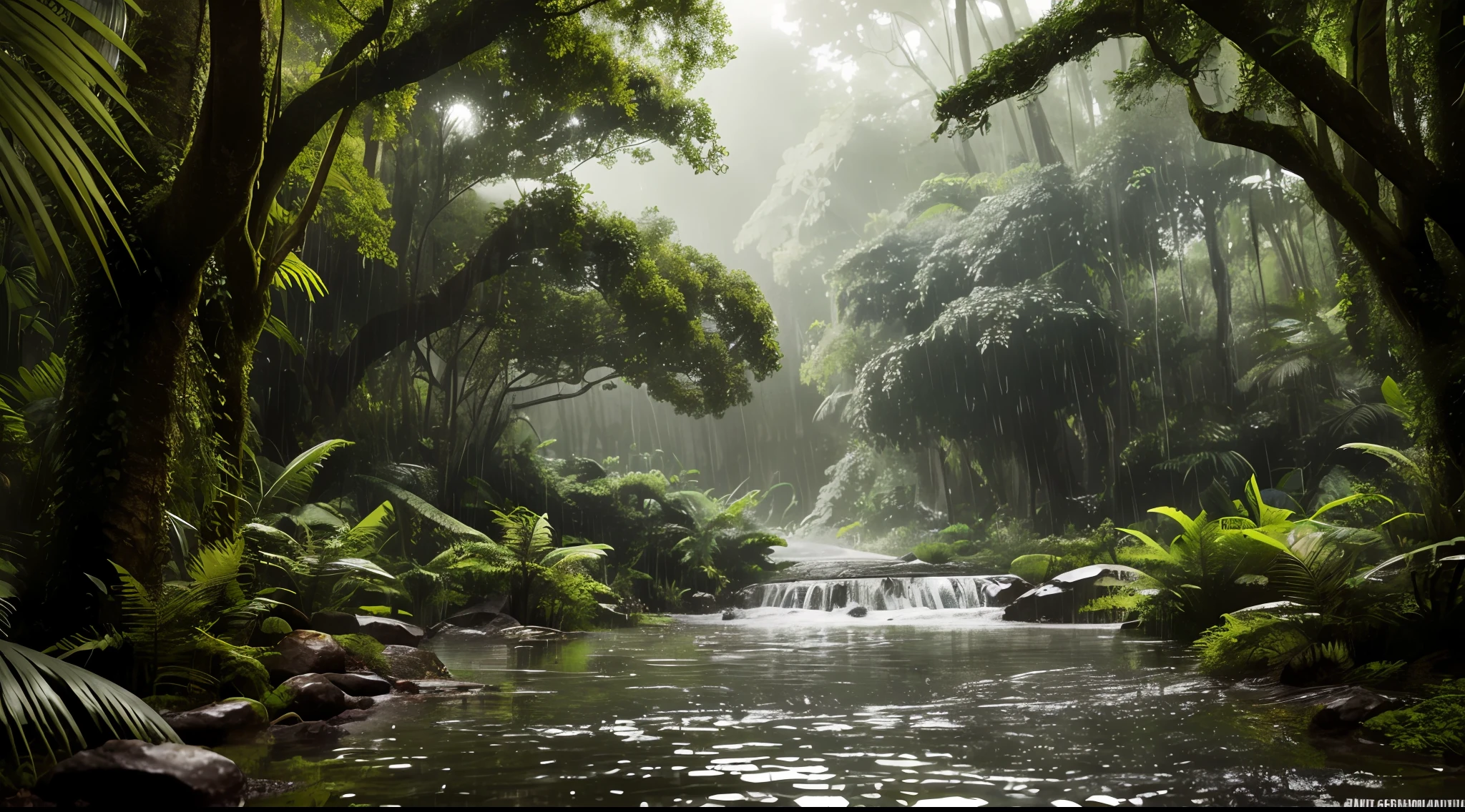 A jungle, with intense rainfall, monochromatic, vines all around, giant and wet trees, masterpiece, best quality, high quality, extremely detailed CG unity 8k wallpaper, oil paiting, award winning photography, Bokeh, Depth of Field, HDR, bloom, Chromatic Aberration ,Photorealistic,extremely detailed, trending on artstation, trending on CGsociety, Intricate, High Detail, dramatic, art by midjourney, volumetric lighting