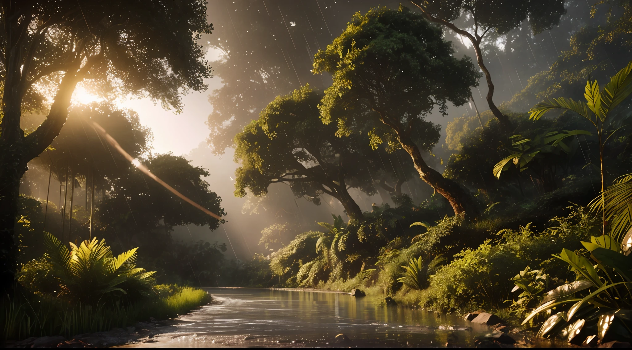 A jungle, with intense rainfall, monochromatic, vines all around, giant and wet trees, masterpiece, best quality, high quality, extremely detailed CG unity 8k wallpaper, oil paiting, award winning photography, Bokeh, Depth of Field, HDR, bloom, Chromatic Aberration ,Photorealistic,extremely detailed, trending on artstation, trending on CGsociety, Intricate, High Detail, dramatic, art by midjourney, volumetric lighting