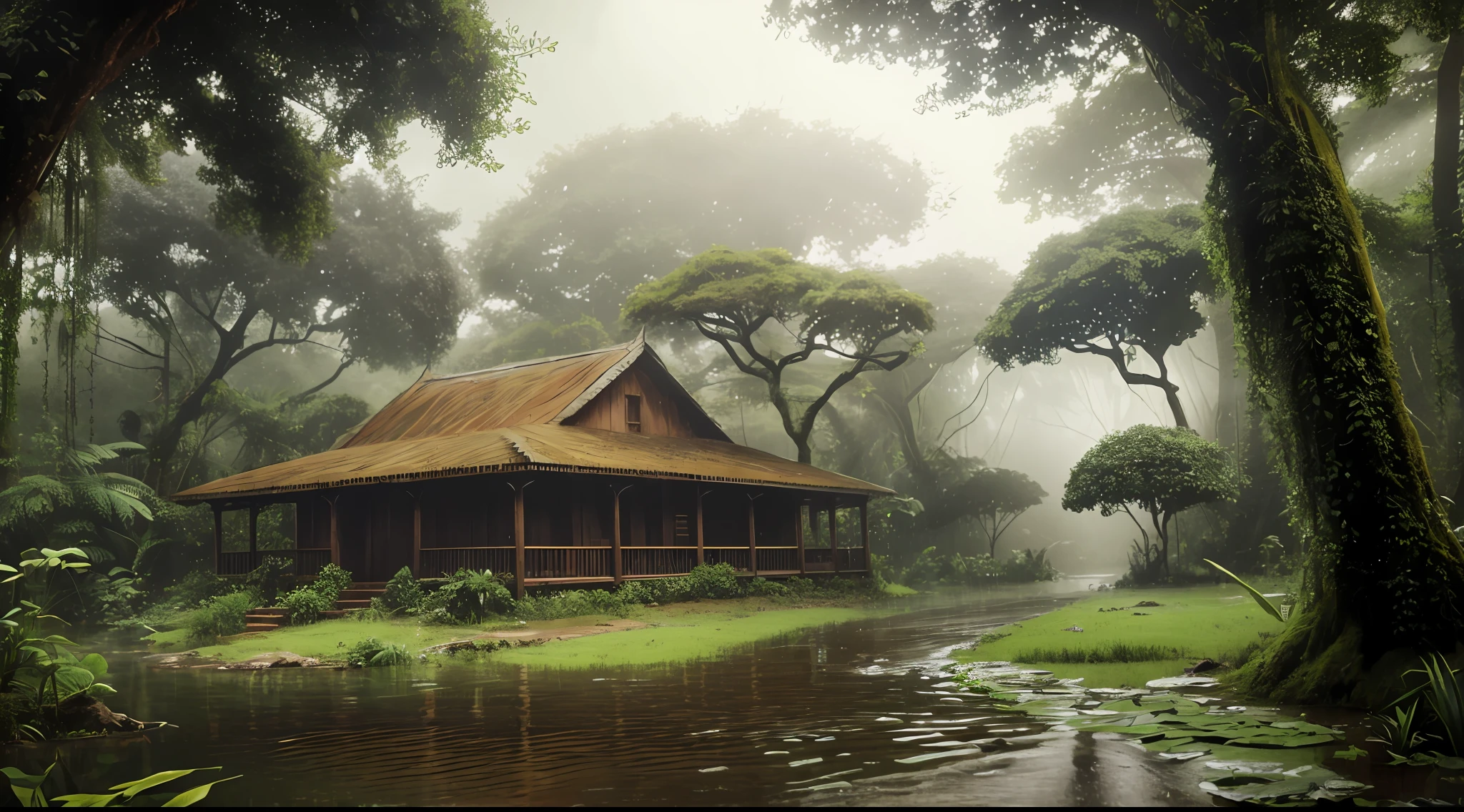 A jungle, with intense rainfall, monochromatic, vines all around, giant and wet trees, masterpiece, best quality, high quality, extremely detailed CG unity 8k wallpaper, oil paiting, award winning photography, Bokeh, Depth of Field, HDR, bloom, Chromatic Aberration ,Photorealistic,extremely detailed, trending on artstation, trending on CGsociety, Intricate, High Detail, dramatic, art by midjourney, volumetric lighting