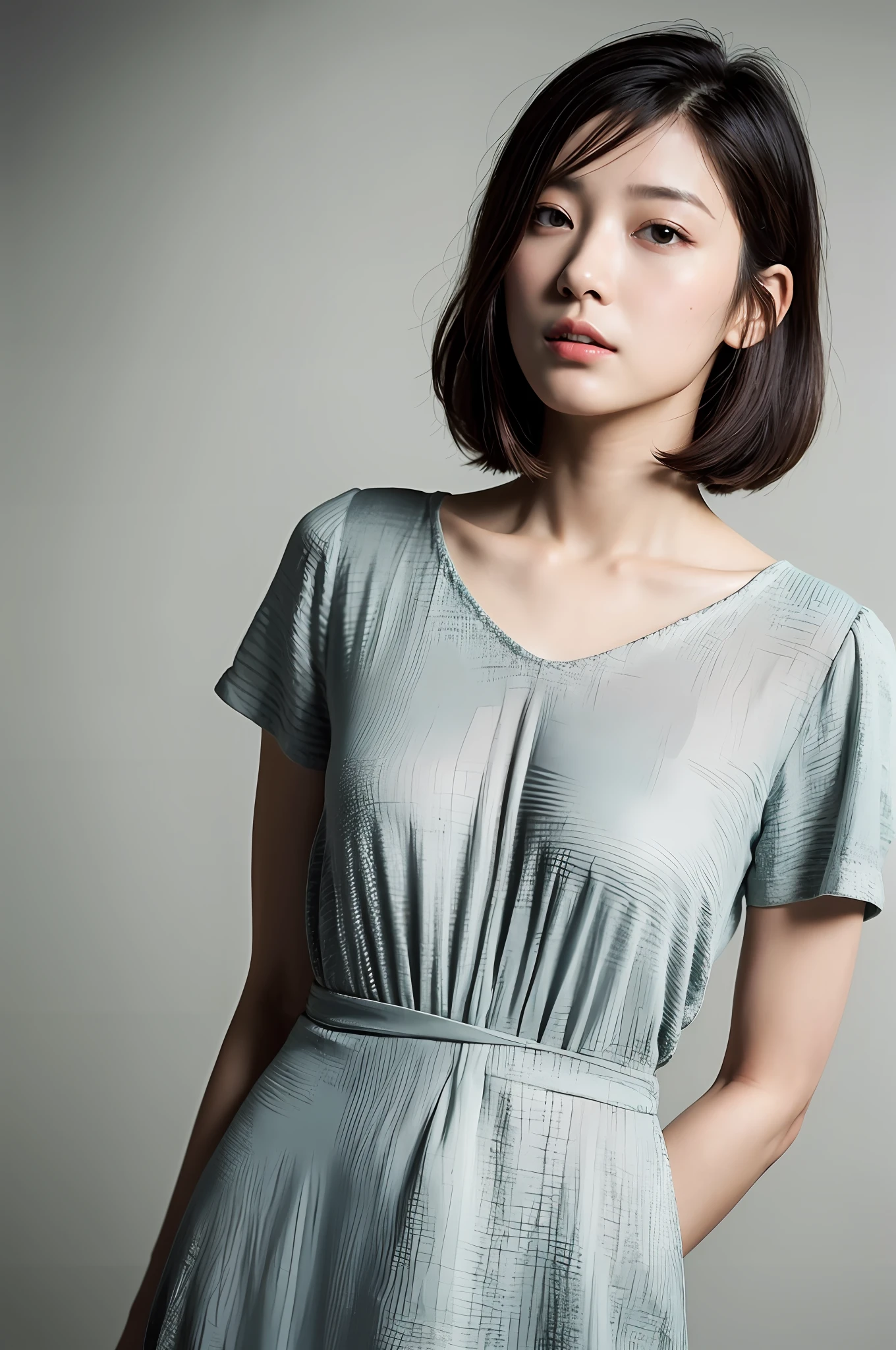 Top quality, Masterpiece, High resolution, 1girl, Beautiful and perfect face, Bob cut, Simple dress, Intricate details, Cinematic feel, 8K, Very detailed, Big, Angle from the waist up, side, butt sticking out, Chest stretching, Beautiful face, Amazingly large bust, Bulge in the chest area of clothes