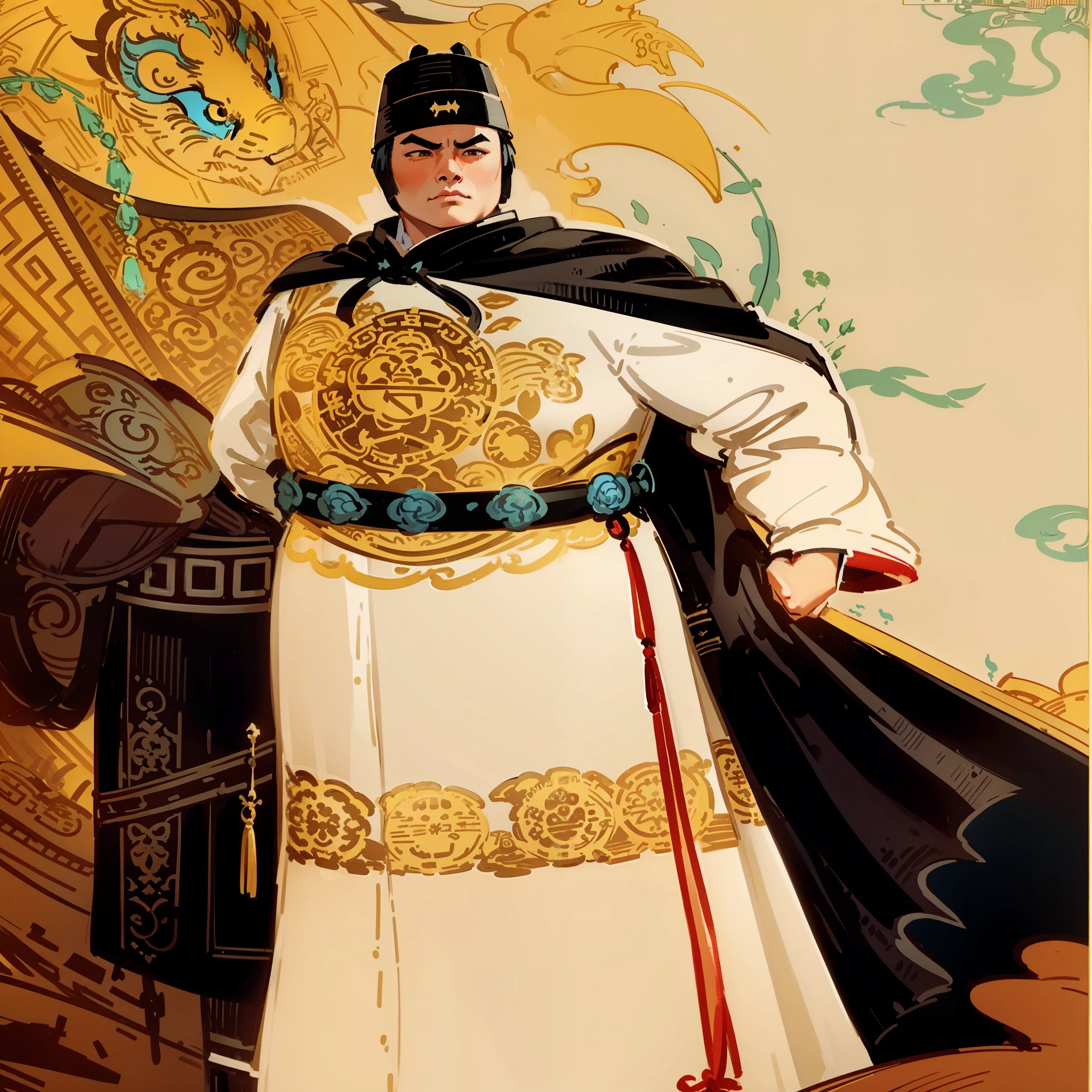 Zheng He, chinese sailor, white chinese imperial noble suit, black cape, black futou hat, looking forward confidently, blue chinese dragon behind him, best quality, mandala, (high detailed skin:1.2), epic, masterpiece, dark studio, 8k uhd, dslr, soft lighting, high quality, volumetric lighting, candid, Photograph, high resolution, 4k, 8k