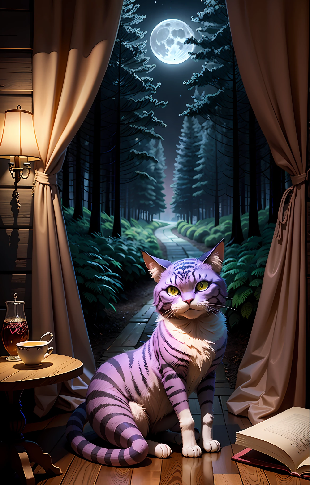 "Cheshire cat from the alice drawing of Wonderland, (Be sure to include all the details of its appearance from the original), appearing realistically, (3d rending work), (in a fantasy forest environment, at night with moon lights coming out of the forest), detailed and impressive."