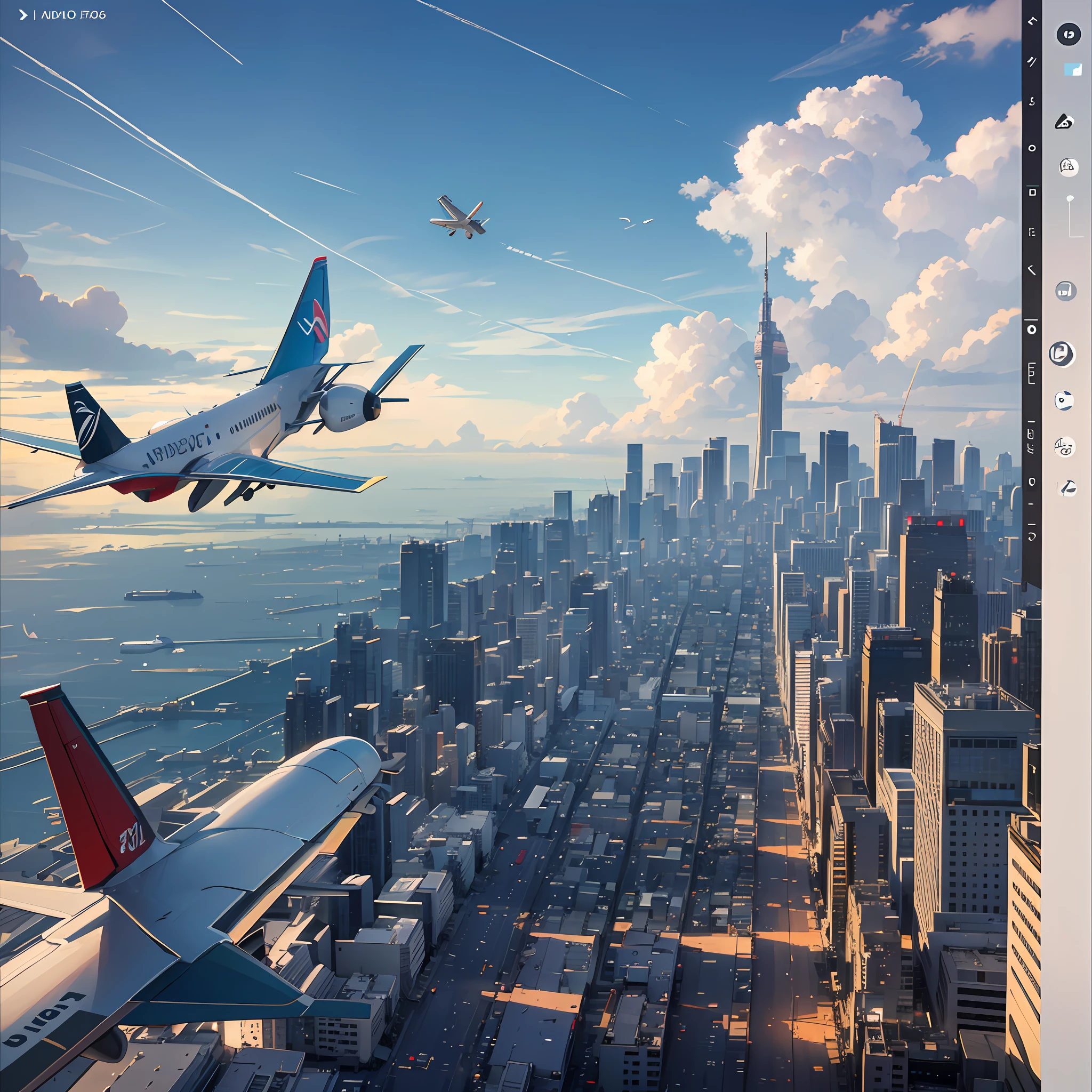 In this shot, capture a hyper-realistic, highly detailed, and high-resolution image of an airplane taking off and flying towards the Tokyo Tower along its flight path. The city skyline serves as a backdrop, with the airplane soaring towards the Tokyo Tower. This scene should be reminiscent of a detailed illustration, with the city and airplane rendered in hyper-realistic detail. The camera used is a Nikon D850 DSLR, with an AF-S NIKKOR 85mm f/1.8G lens. The resolution is 45.7 megapixels, ISO sensitivity is 200, and the shutter speed is 1/500 second. Utilize the bright sunlight to emphasize the details of the airplane and the city. --ar 16:9 --v 5.1 --style raw --q 2 --s 750 --auto --s2
