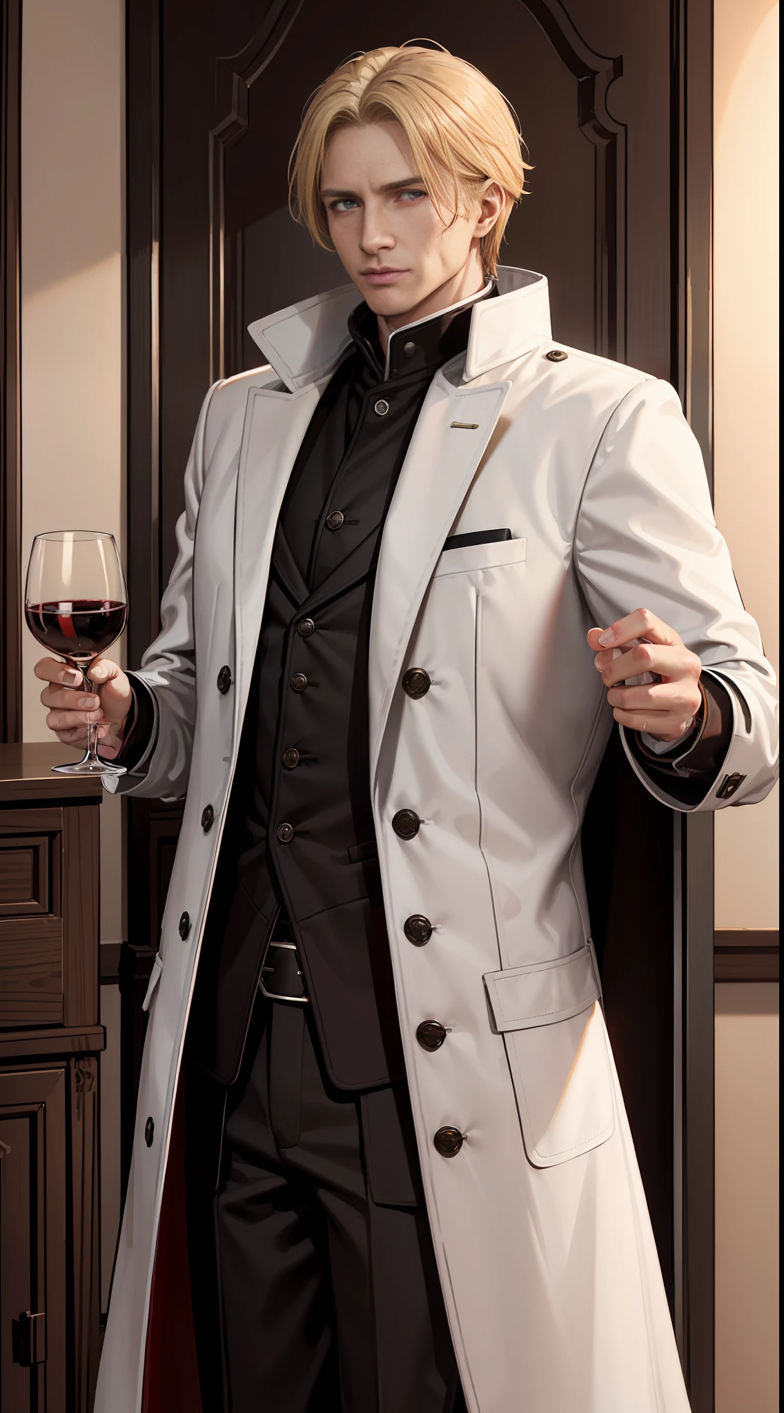 An elegant 40-year-old man with blonde hair and brown eyes, his coat is red with its causes, two bands of his coat are black and his T-shirt is white, he always carries a glass of wine (scenery a dance salary)