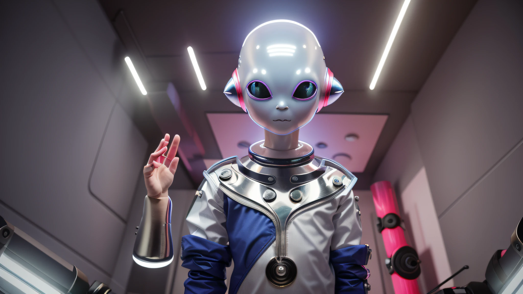 An alien, with albino and realistic skin, large head, short and thin neck, very large eyes and all black, which reflects the local lighting, a nose similar to that of humans but small, a mouth similar to that of humans but small, the body is thin and thin, the alien wears a white sleeve shirt with a letter made of small silver that appears to the right represented within a triangle of the same size, the clothing is inspired by the clothes used for surfing, the color to be used is red, pink chock and blue, as well as details of the environment, and manufactured with neoprene fabric, it is possible to notice a silver necklace hanging from his neck, with a pinjente in the triangular shape with an eye that sees everything in the center as a symbol. the alien is in a recording studio whose scenery is minimalist and features a gray background in gradient hue to circular white, the camera captures the image from the waist up, the alien presents friendly and light expressions, the alien interact with the camera always with a slight smile of satisfaction and tranquility,  The skin used and all the elements are of extreme realism, especially the skins, the lighting is an illumination inspired by the 80s.