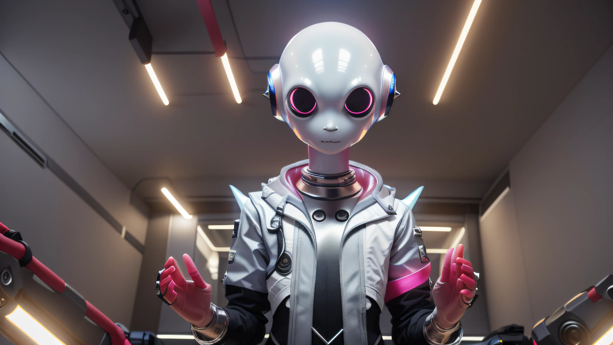 An alien, with albino and realistic skin, large head, short and thin neck, very large eyes and all black, which reflects the local lighting, a nose similar to that of humans but small, a mouth similar to that of humans but small, the body is thin and thin, the alien wears a white sleeve shirt with a letter made of small silver that appears to the right represented within a triangle of the same size, the clothing is inspired by the clothes used for surfing, the color to be used is red, pink chock and blue, as well as details of the environment, and manufactured with neoprene fabric, it is possible to notice a silver necklace hanging from his neck, with a pinjente in the triangular shape with an eye that sees everything in the center as a symbol. the alien is in a recording studio whose scenery is minimalist and features a gray background in gradient hue to circular white, the camera captures the image from the waist up, the alien presents friendly and light expressions, the alien interact with the camera always with a slight smile of satisfaction and tranquility, The skin used and all the elements are of extreme realism, especially the skins, the lighting is an illumination inspired by the 80s.