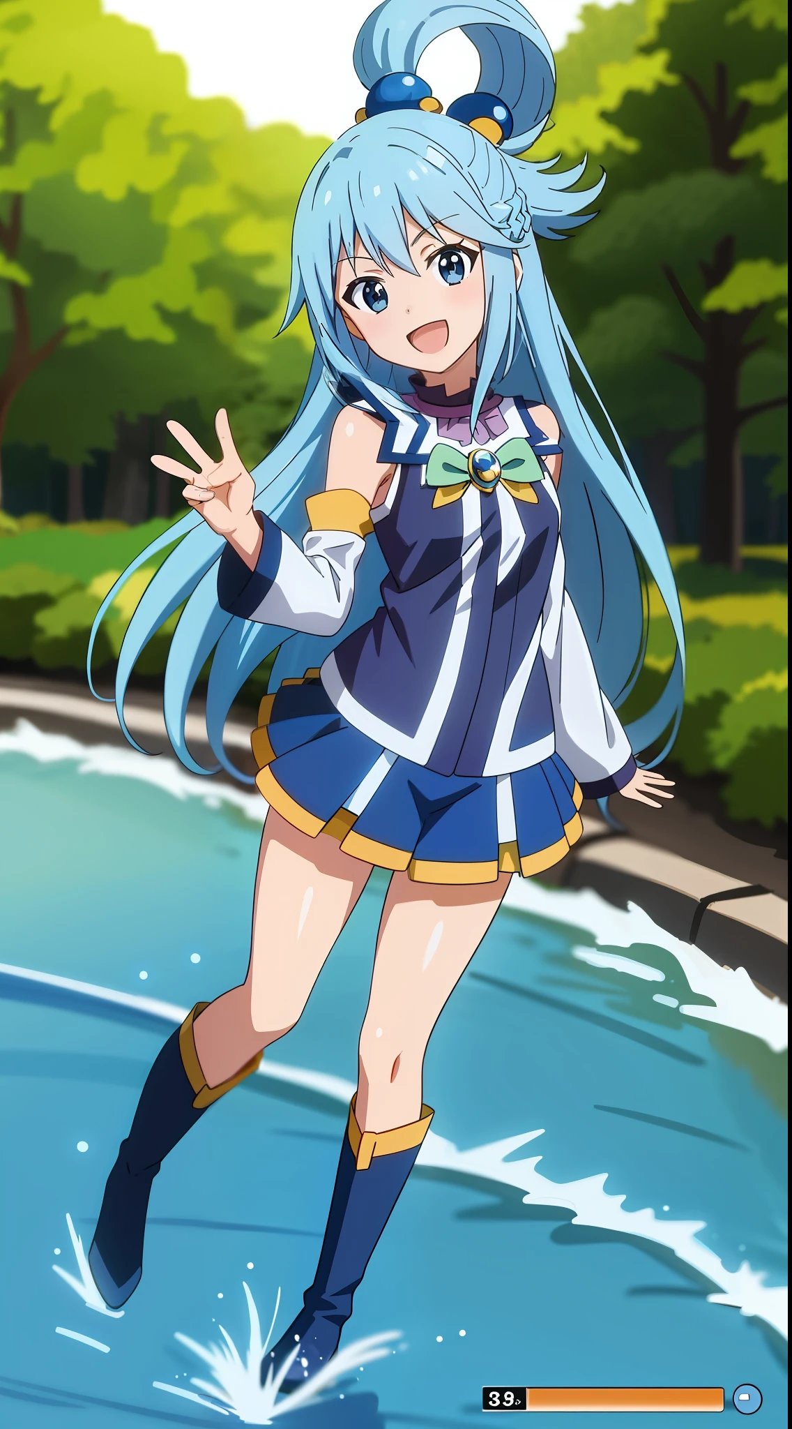 ,anime screenshot,anime coloring,
1girl, long hair, solo, open mouth, smile, full body, head tilt, blue hair, blue eyes, separate sleeves, high boots, outdoor, sun, trees, river, hair ornament, simple background, bare shoulders, single hair ring, green bow, facing the viewer, blue shirt,