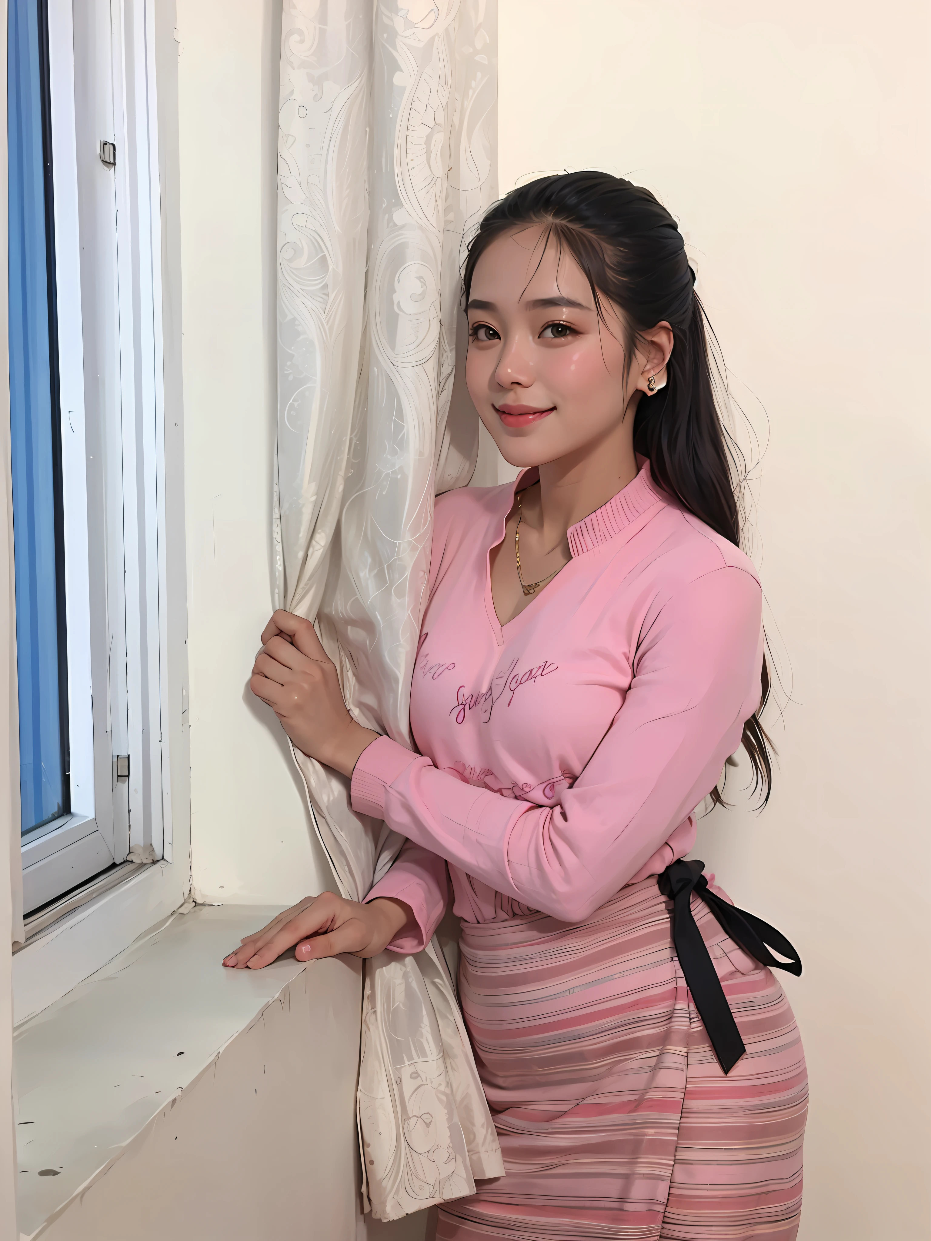 23 years old girl, south east asian girl, detail face, eyes, smiling, pink outfit,