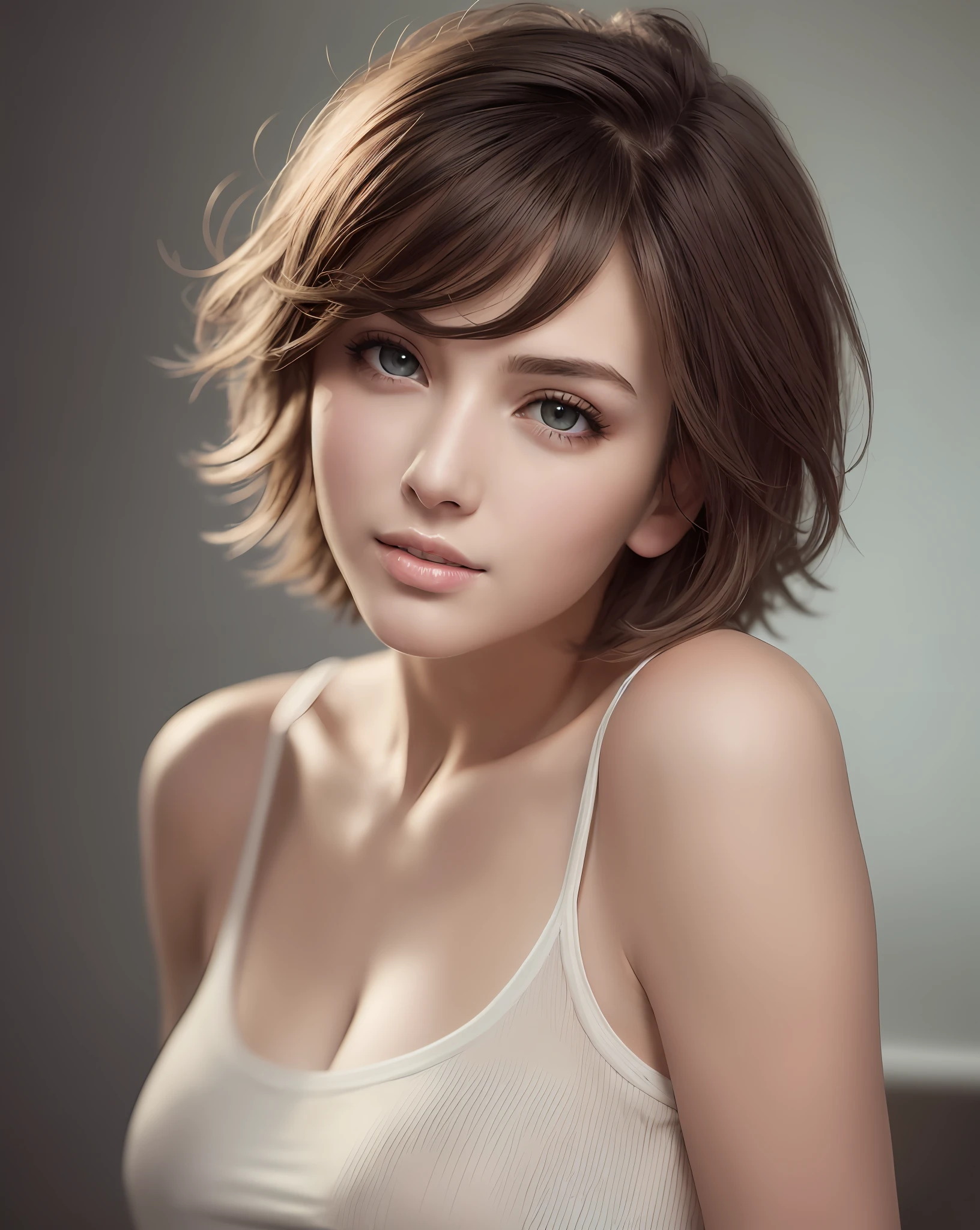 Best Quality, Ultra High Resolution, (Photorealistic: 1.4), Beautiful Eyes, Super Beautiful, Very Short Hair, Beautiful, Sweetheart, T-shirt with Rough Chest, Beautiful Soldier, Eyes That Invite Viewer, Lover's Perspective, Inviting Expression, Sexy Smile, Perfect Style, Perfect Balance, Detailed Skin, Naughty Gaze, Chest Visible