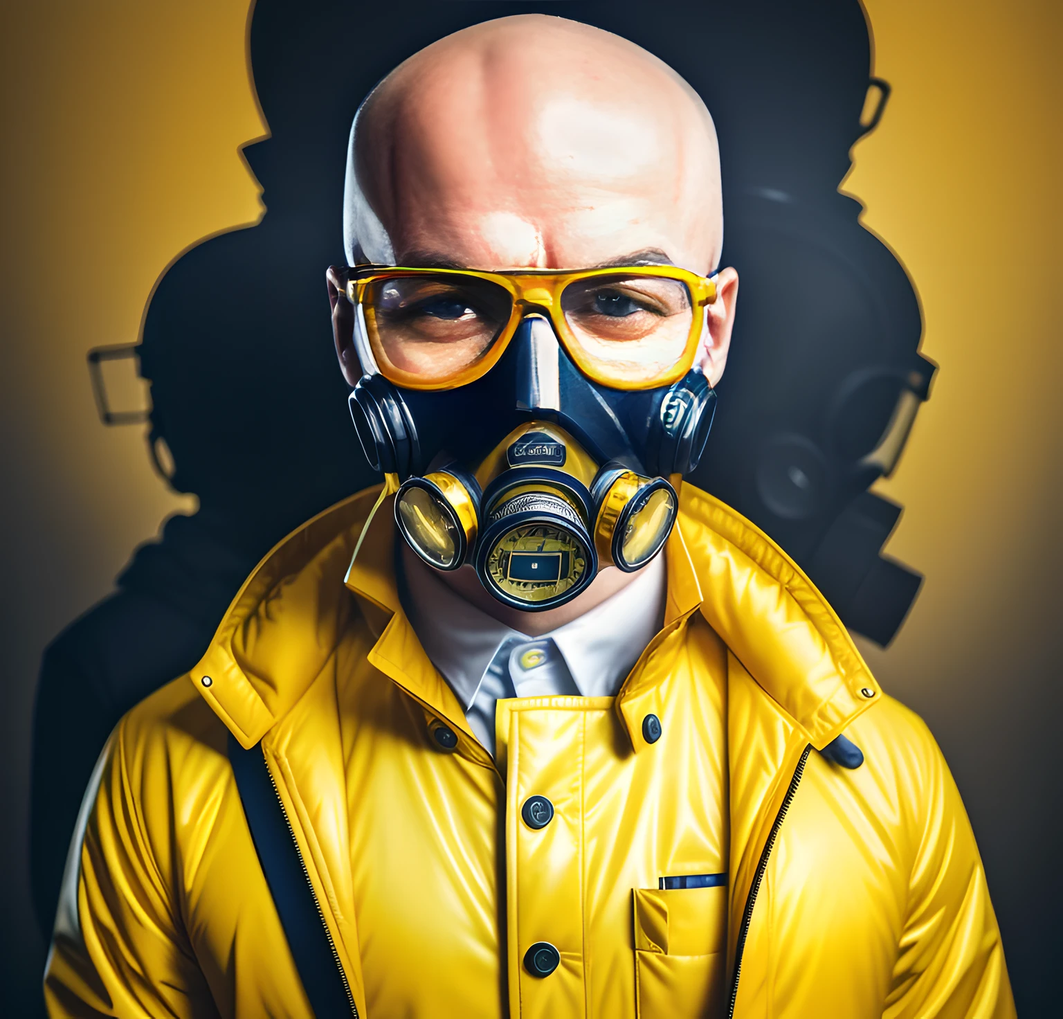 A striking and intricate color photo of the upper body of a man wearing glasses, (wearing a yellow lab coat and a gas mask on his head), bald,
epic composition of characters,
By Ilya Kuvshinov, Alessio Albi, Nina Masic,
sharp focus, natural lighting, subsurface scattering, f2, 35mm, film grain