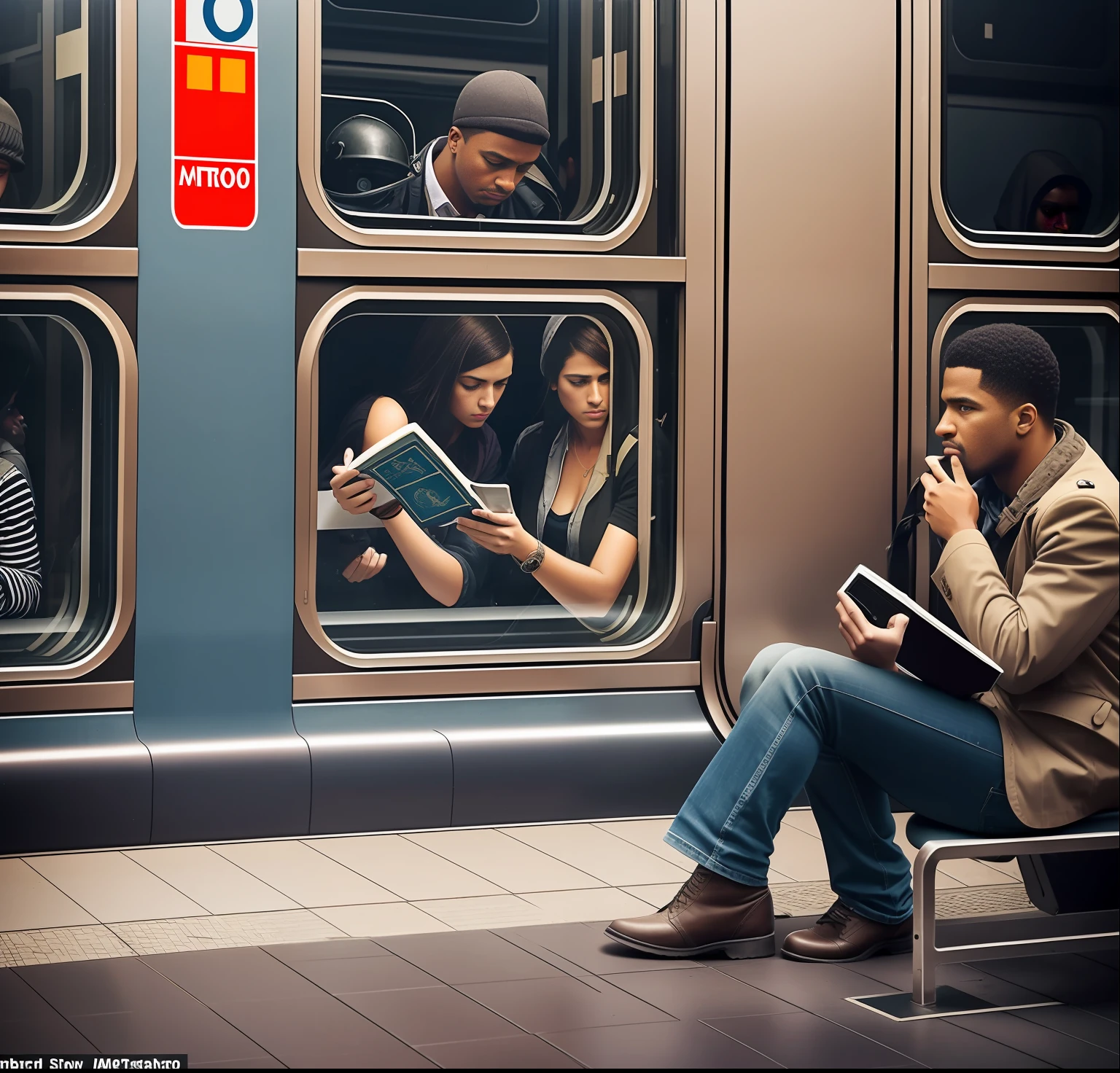 Award-winning photography, metro 100 people, desperate, looking at the clock + cell phone + book + window. Urban art, 4q, general, v5.1