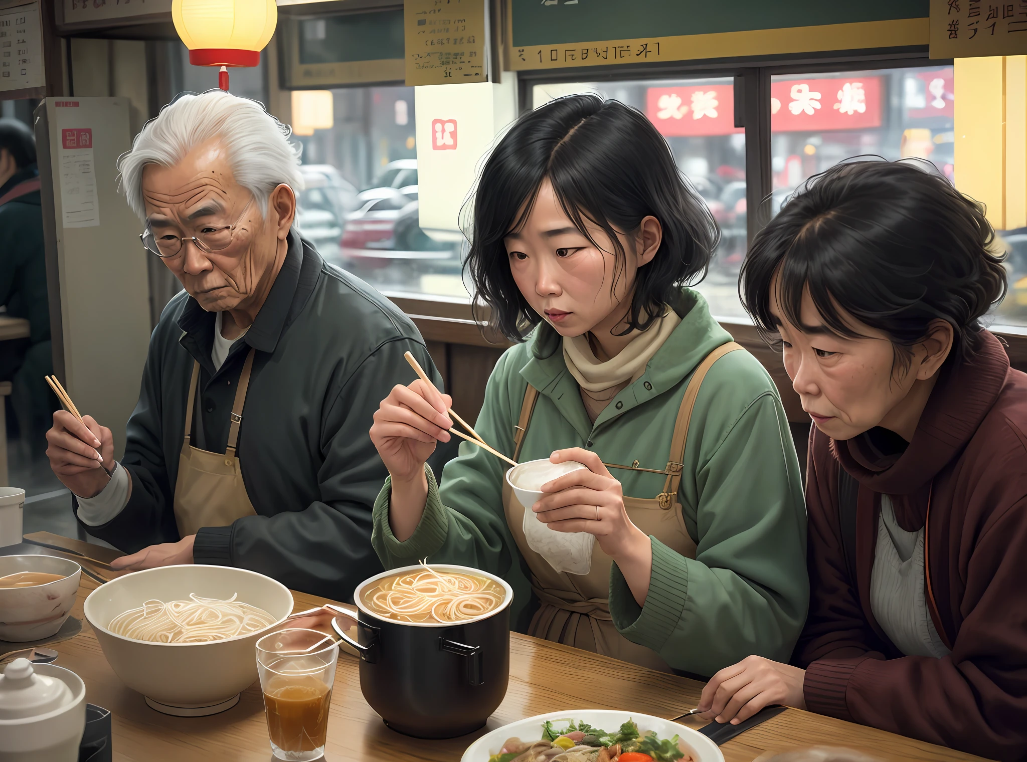 A very old retro couple eating noodle soup in a Chinese restaurant on a very cold day while it rains a lot outside on a busy street in Tokyo, one can see that the chef cooks humor photojournalism unposed urban photography, ultra detailed, film photography, cold tone, sharp focus, ultra detailed skin, professional color grading,  raw photo, cinematography, vibrant details, ultra quality, (photo-realistic: 1.37), masterpiece, Canon EOS 5D Mark IV and Fujifilm Superia X - TRA 400 film