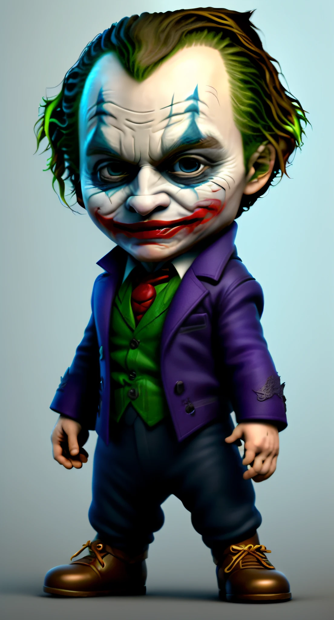 cbzbb , ((the joker of heath ledger)) based the heat ledger, charachter ,cute, smiling, little, beautiful, devian art, trending artstation, smile, smiling, look at the camera, digital art, detailed, cute, realistic, humanoide, character, tiny, cinematic sho ,cinematic lights,((the joke))