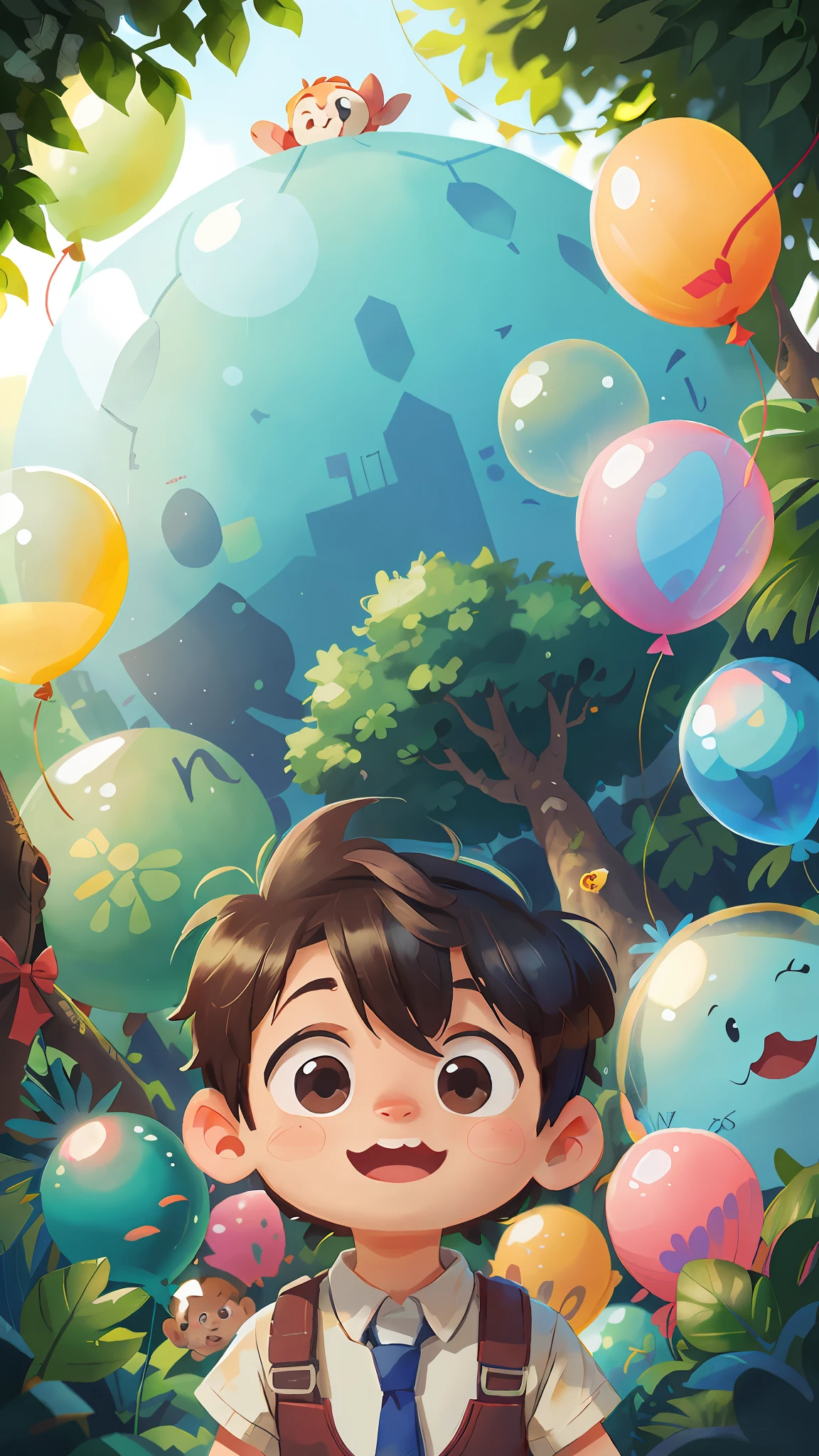 A boy, zoo, many balloons, happy, happy, perfect quality, clear focus (clutter - home: 0.8), (masterpiece: 1.2) (realistic: 1.2) (bokeh) (best quality) (detailed skin: 1.3) (intricate details) (8K) (detail eyes) (sharp focus), (happy)