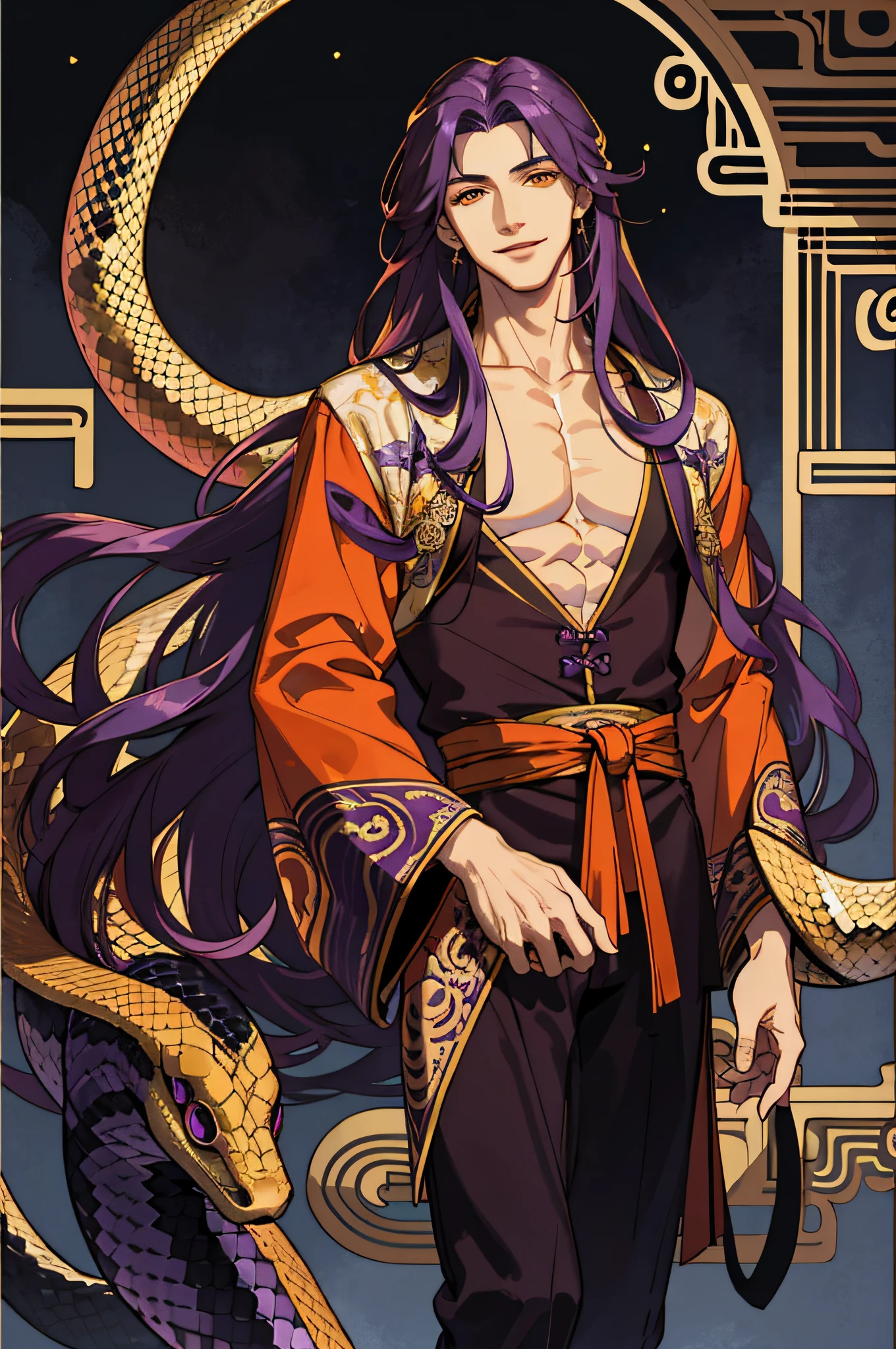 Masterpiece, best quality, 1 male, handsome, delicate eyes, intricate details, long purple hair, orange eyes, smile, period costume, ancient Chinese, gorgeous robes, dark purple, black, gold, snake