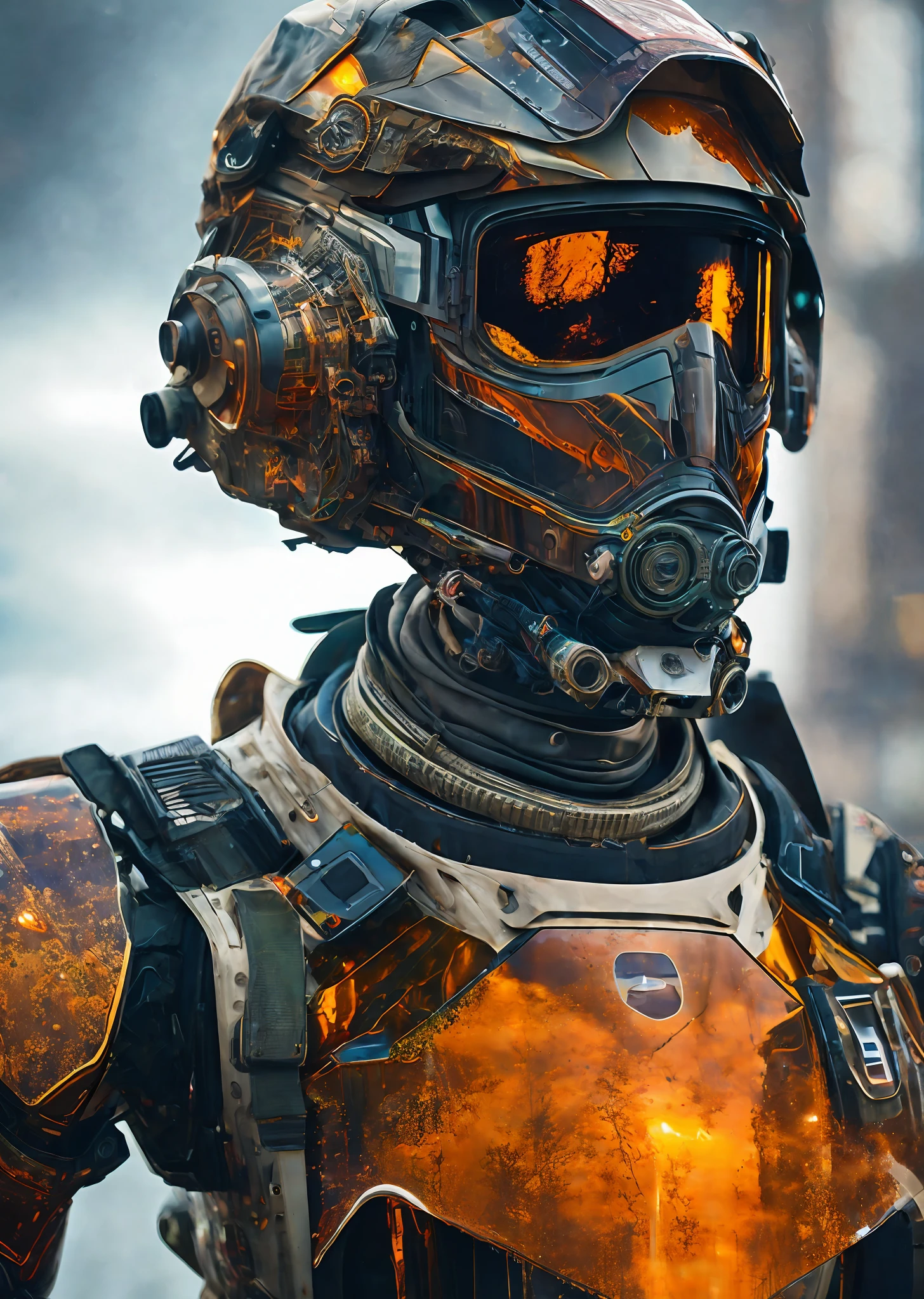 Portrait photo of transparent camo worn mech suit, ((light bokeh)), intricate, ((translucent) liquid water [rust]), elegant, sharp focus, photo by greg rutkowski, soft lighting, vibrant colors, masterpiece, ((streets)), detailed face