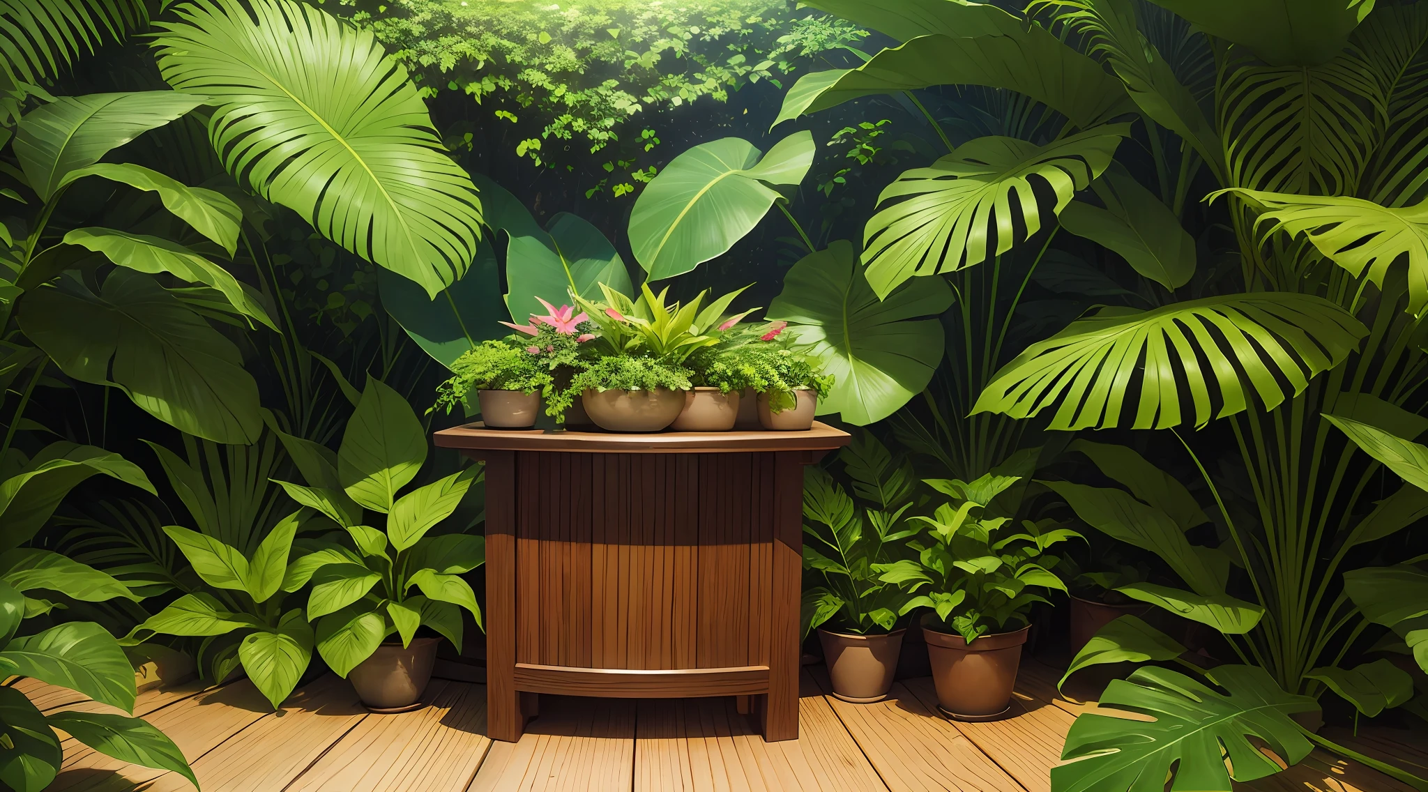 An exotic tropical wooden podium with lush green foliage as the backdrop for an impeccable product presentation resembling the beauty of the surrounding environment. --auto --s2