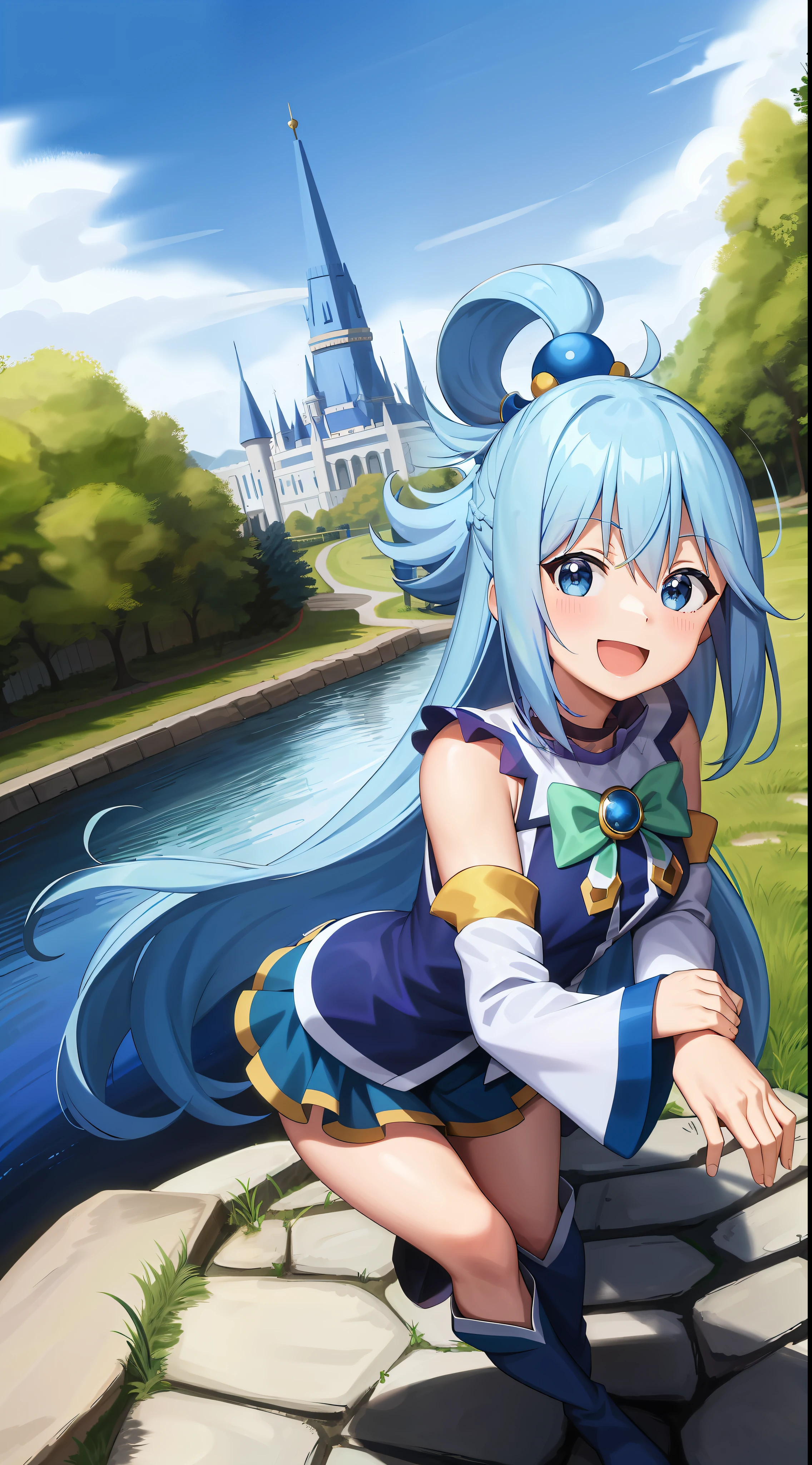 ,anime screenshot,anime coloring,
1girl, long hair, solo, open mouth, smile, full body, head tilt, blue hair, blue eyes, separate sleeves, high boots, outdoor, sun, trees, river, hair ornament, simple background, bare shoulders, single hair ring, green bow, facing the viewer, blue shirt,