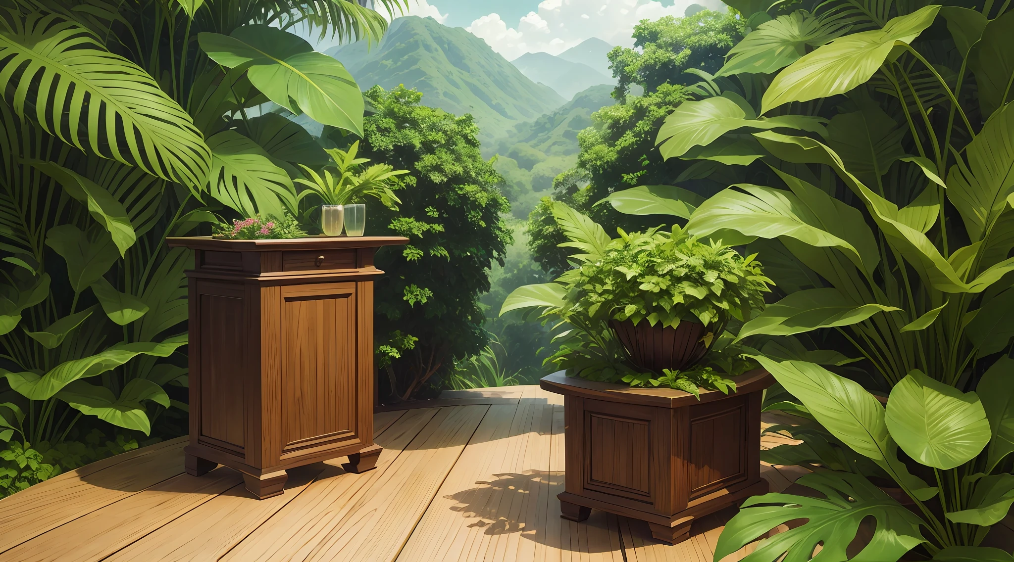 An exotic tropical wooden podium with lush green foliage as the backdrop for an impeccable product presentation resembling the beauty of the surrounding environment. --auto --s2