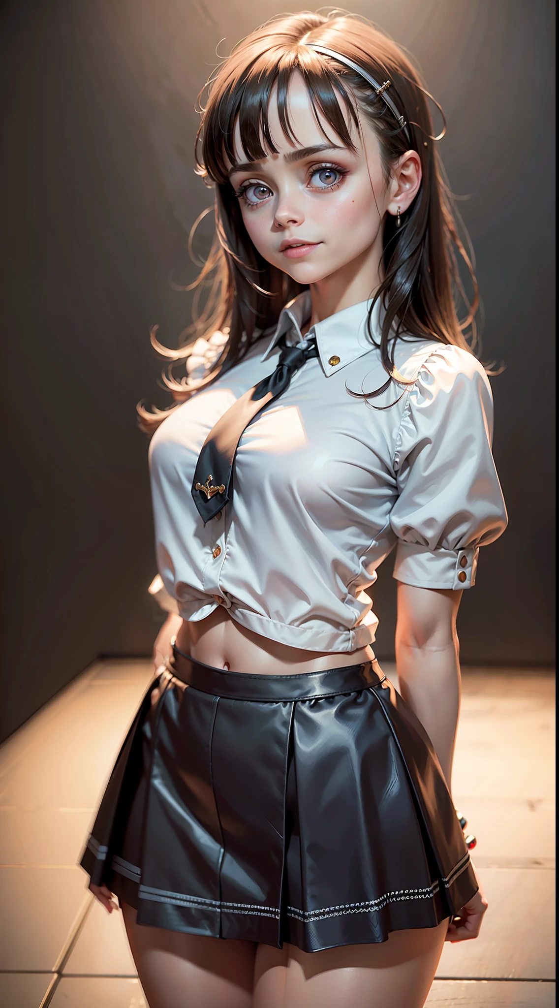 masterpiece, maximum quality, ultra high resolution, 8k, Christina Ricci, full body, alone, thin, extremely detailed face, perfectly identical face, detailed eyes, wide smile, cheerful, realistic photo, totally realistic, human pelle, studio lighting, perfect, wearing micro student skirt and mini blouse, wide hips, thick thighs, back to camera