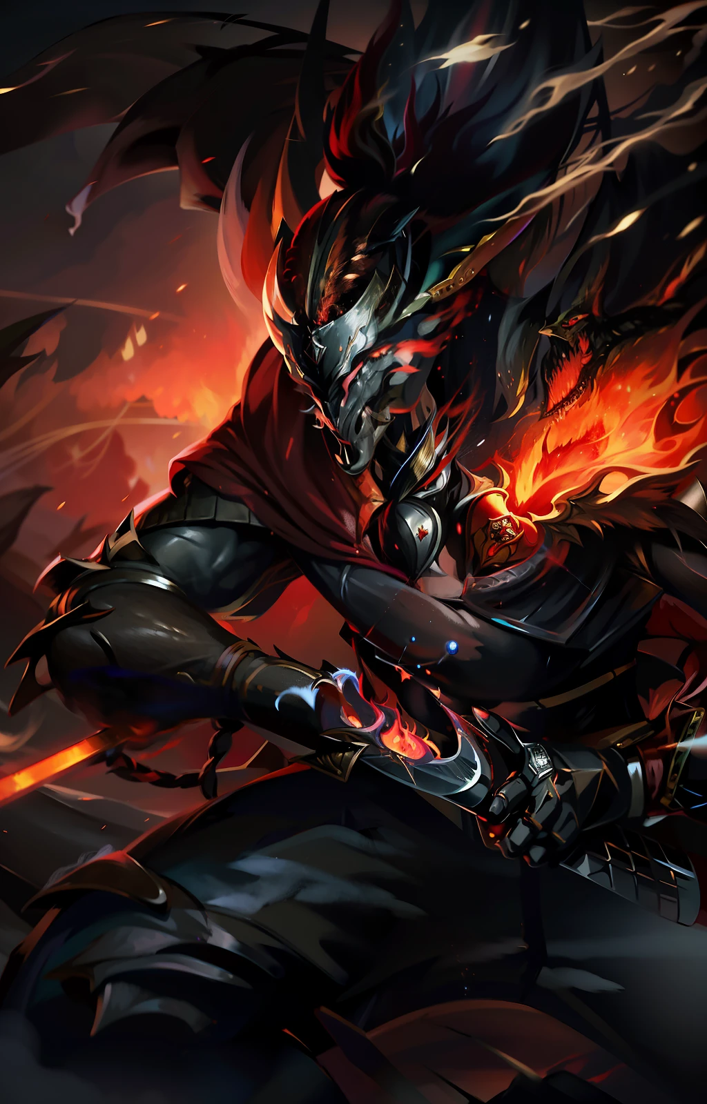 A man with a sword in his hand in the dark forest with flames and smoke behind him is a female demon who shows his face. (1girl:0.506), (armor:0.929), (boots:0.877), (cloud:0.612), (fire:0.974), (firesword:0.501), (sword:0.815), (sword:0.563), (weapon: 0.751), (mouth:0.568), (sword: 0.782), (weapon: 0.931)