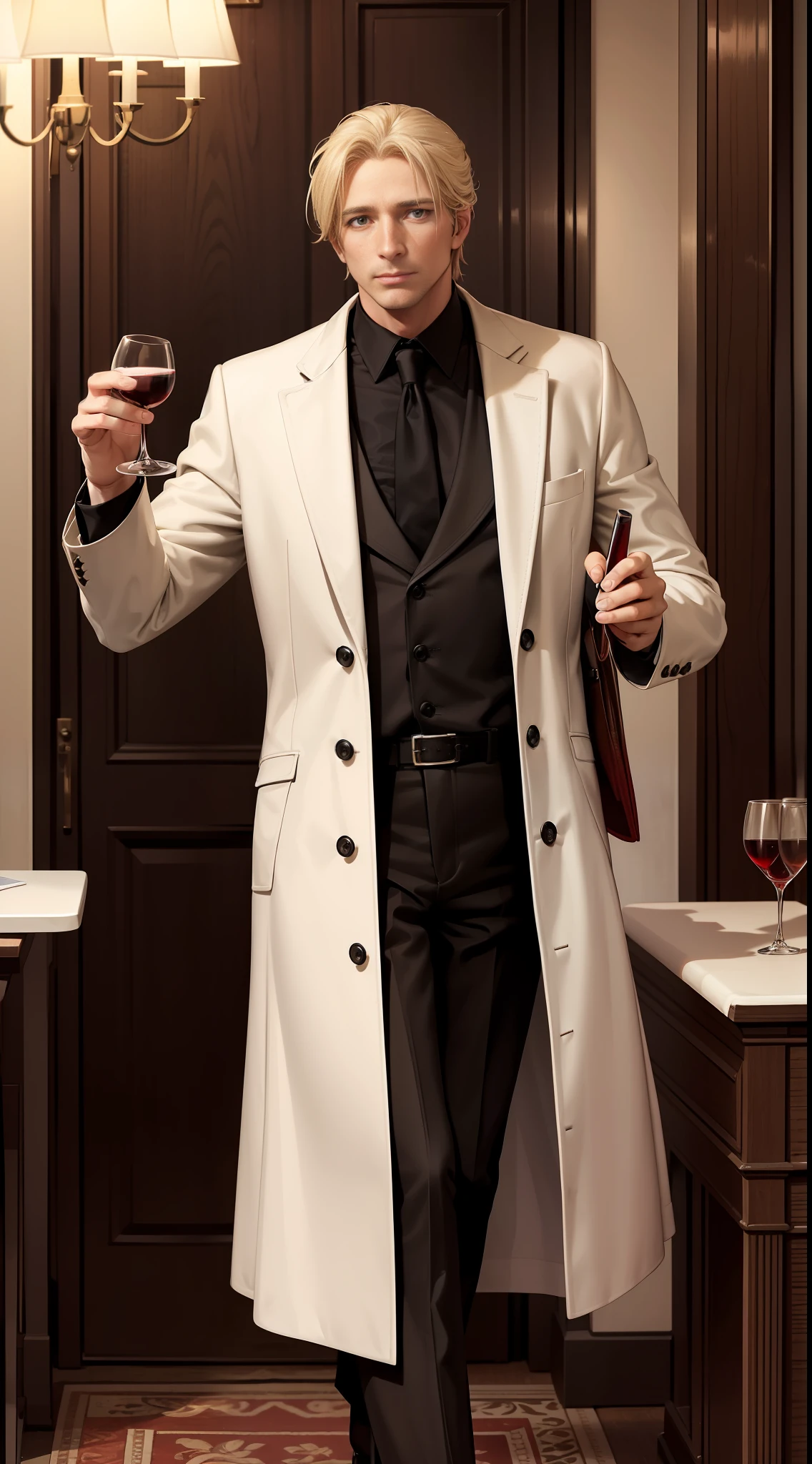 An elegant 40-year-old man with blonde hair and brown eyes, his coat is red with its causes, two bands of his coat are black and his T-shirt is white, he always carries a glass of wine (scenery a dance salary)