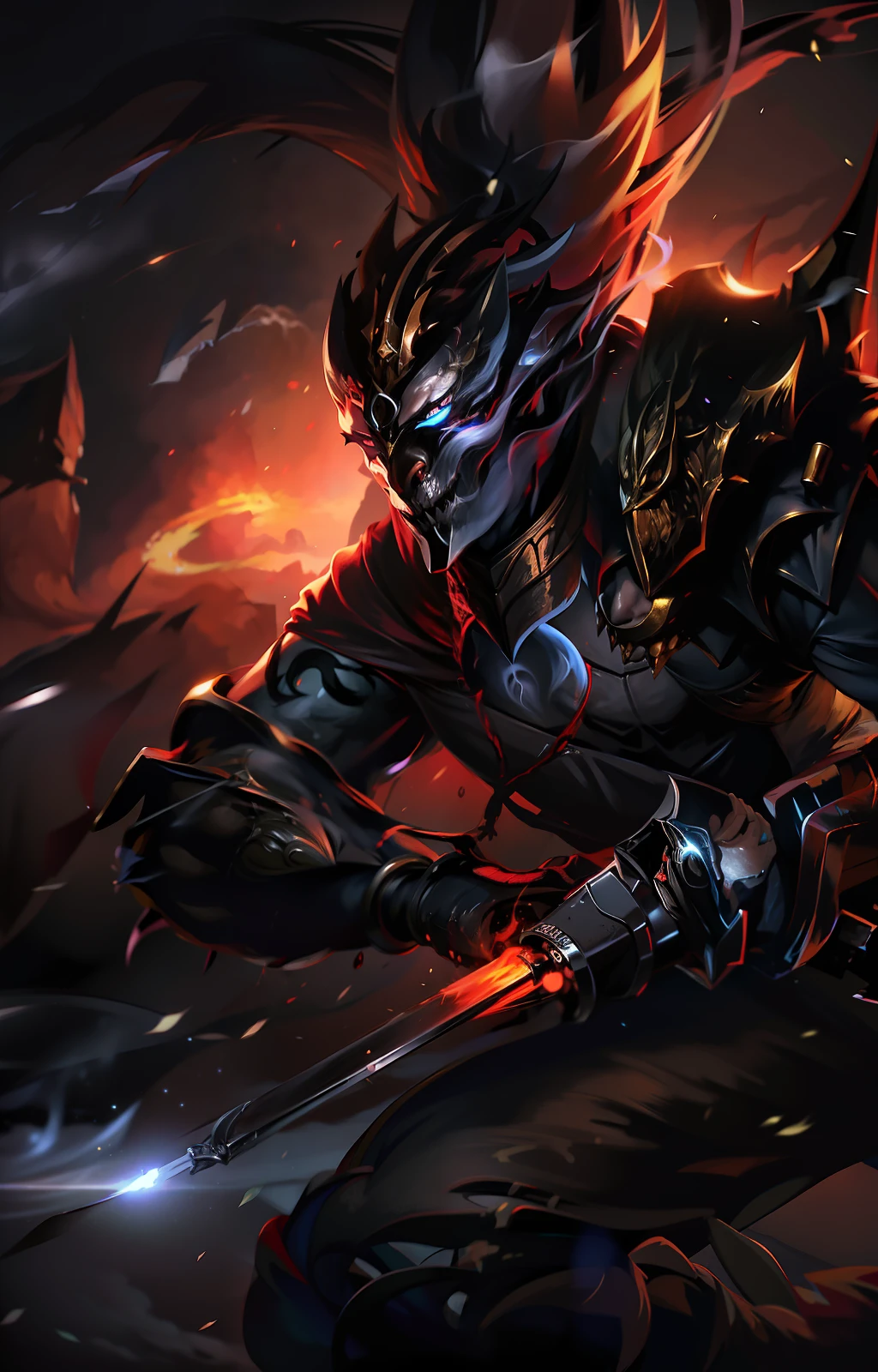 A man with a sword in his hand in the dark forest with flames and smoke behind him is a female demon who shows his face. (1girl:0.506), (armor:0.929), (boots:0.877), (cloud:0.612), (fire:0.974), (firesword:0.501), (sword:0.815), (sword:0.563), (weapon: 0.751), (mouth:0.568), (sword: 0.782), (weapon: 0.931)