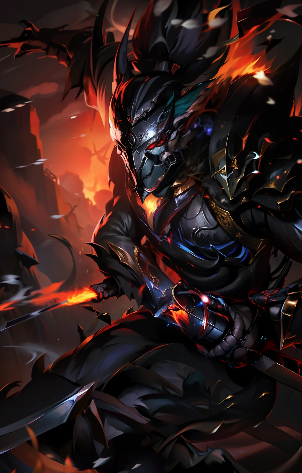 A man with a sword in his hand in the dark forest with flames and smoke behind him is a female demon who shows his face. (1girl:0.506), (armor:0.929), (boots:0.877), (cloud:0.612), (fire:0.974), (firesword:0.501), (sword:0.815), (sword:0.563), (weapon: 0.751), (mouth:0.568), (sword: 0.782), (weapon: 0.931)