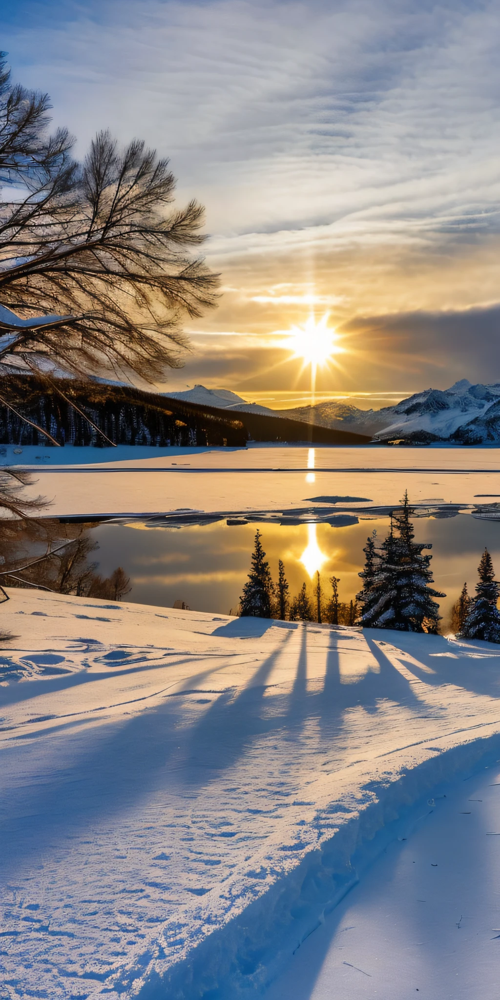 snowy landscape with sun setting over a lake and mountains, dramatic cold light, cold sunset, warm beautiful scene, sun rays through snow, snow landscape, winter sun, today\'s featured photograph 4k, winter lake setting, beautiful snowy landscape, snowy landscape, cold sunny weather, icy lake setting, ice snowy lake setting, ground covered with snow, dramatic moody cold landscape
