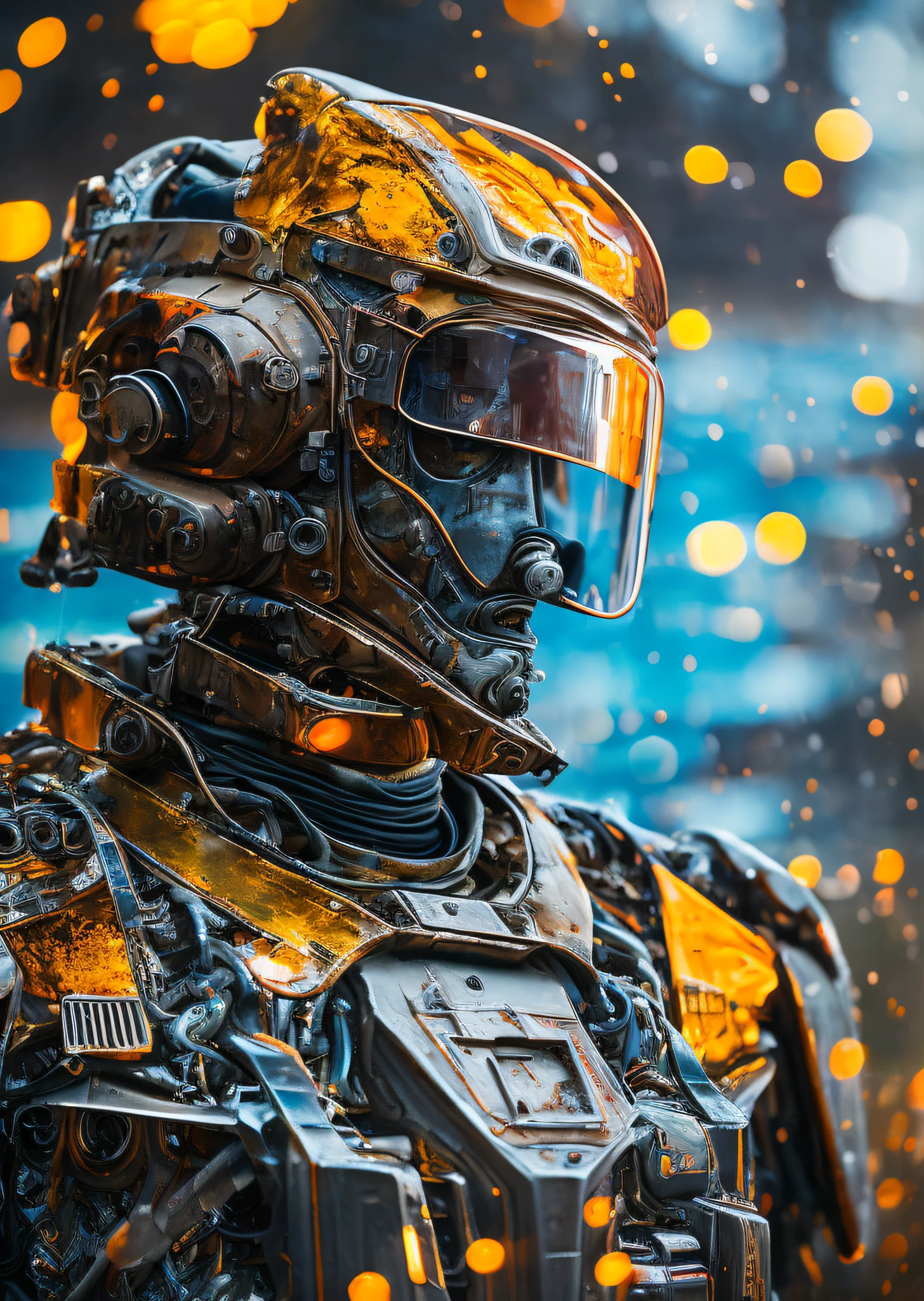 Portrait photo of transparent camo worn mech suit, ((light bokeh)), intricate, ((translucent) liquid water [rust]), elegant, sharp focus, photo by greg rutkowski, soft lighting, vibrant colors, masterpiece, ((streets)), detailed face