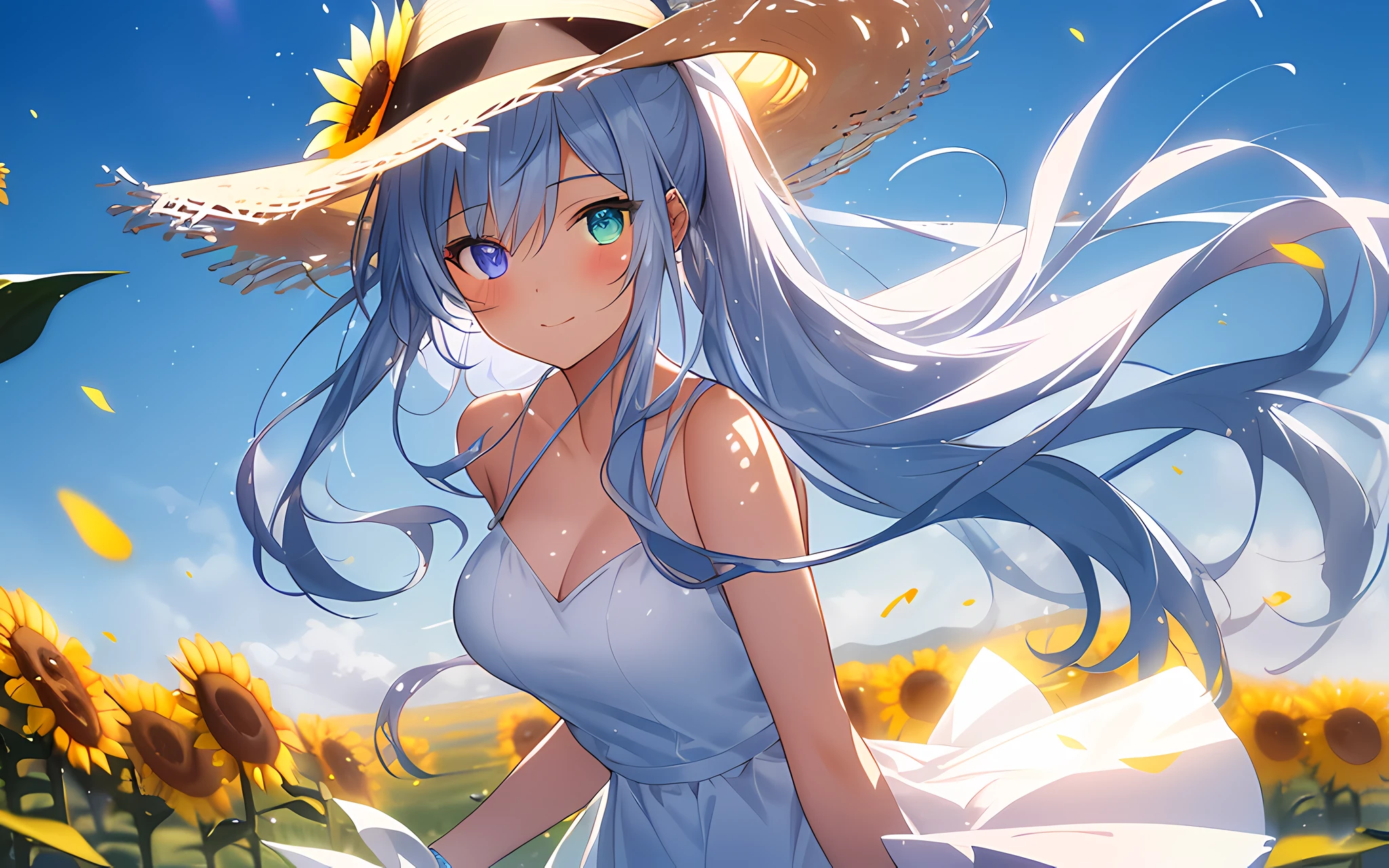 (Masterpiece:1.2), Top Quality, (Illustration:1.2),(Expertly crafted glow and lens flare), (Ultra detail), Hyper detail, (Delicate detail), (Cinematic light, Top quality backlight), Clear lines, Solo woman, Solo woman, Perfect body, (1 girl), (Bioluminescent hair:1.2), (Glowing eyes), ( Dynamic:1.2, ((Make up)), High contrast, (best lighting, very delicate and beautiful), ((Cinematic light)), Colorful, Powerful, (Cinematic masterpiece), Stick figure, splashes of color, absolutely eye-catching, ((splashes of colorful paint on the background, Durax,)), (Caustic)), Dynamic angle, Beautiful detailed smoke, (Captivating), (Intricately Detailed Movie Background: 1.1), Ambient Occlusion, Ambient Light, Ray-Traced Reflections, Shine, Glowing Aura, Glowing Hair, Bluish-Silver Ponytail, (drooping heterochromia iris: 1.3), 15 years old, Girl with a gentle smile, Shy girl, Slender, Game CG, Cowboy Shot, Deep Shadows, Sunflower Field, white dress, straw hat, dancing petals, wind, blue sky