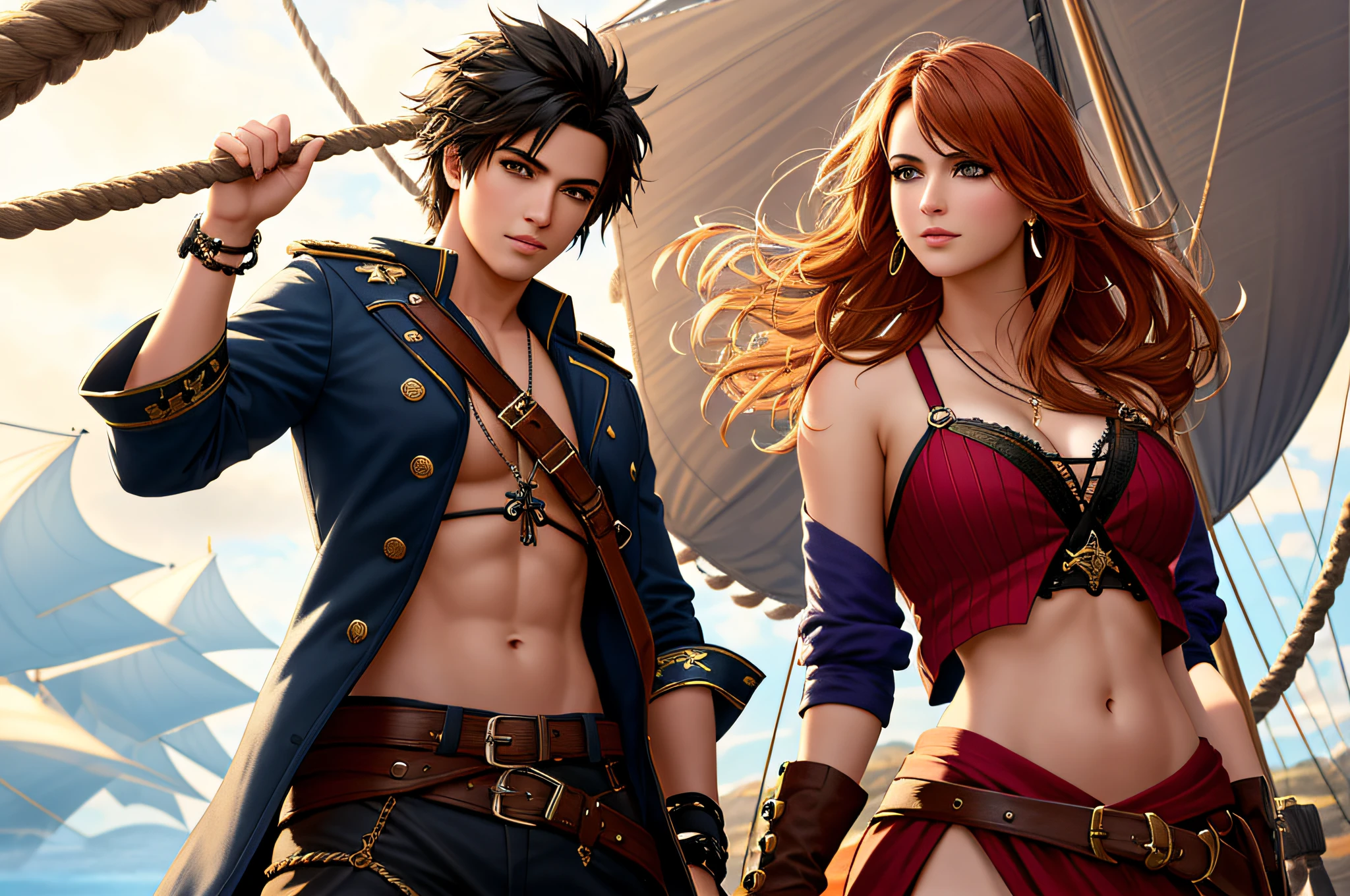 best quality, 500px, cgsociety, 8k
the most beautiful female pirate captain grabs a rope aboard a pirate ship, smirk, perfect eyes, handsome male first mate stands behind her, crew in background, breeze, blown hair, ropes, rigging
ambient light, backlight, volumetric lighting, realistic, realistic lighting, cinematic lighting, depth of field, sharp focus, dynamic pose, (face focus), (high contrast:1.2), (film grain)