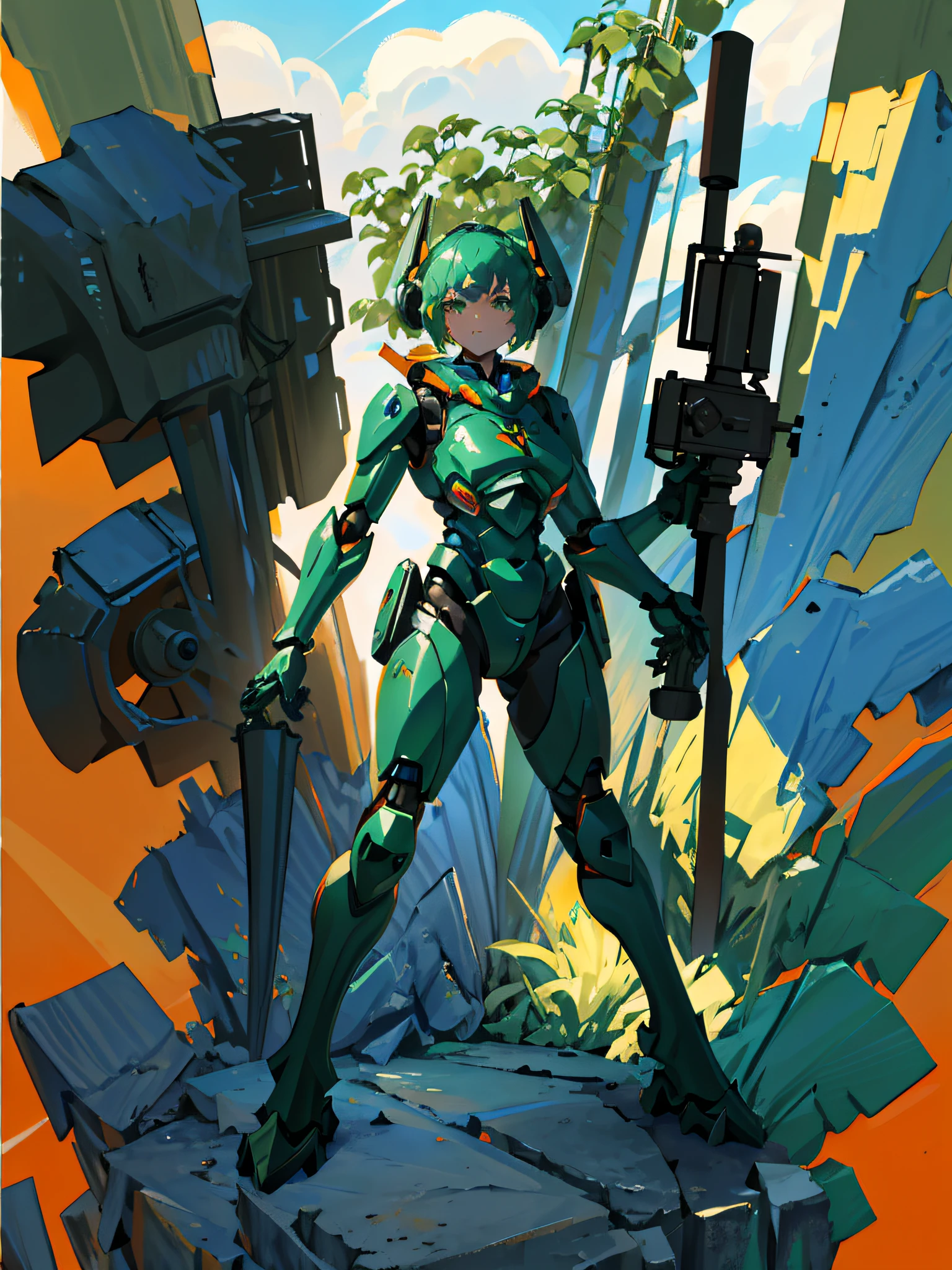 (masterpiece, best quality), (1mecha, solo),, green eyes, dead eyes, standing, large and bulky futuristic armor woman in a black orange suit of armor, Parrley_armor