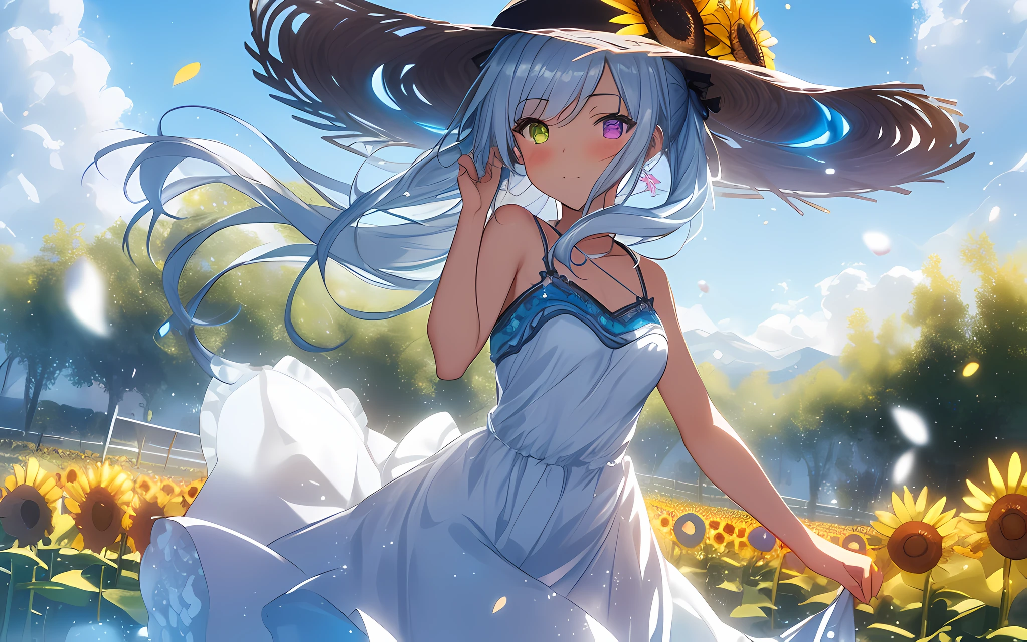 (Masterpiece:1.2), Top Quality, (Illustration:1.2),(Expertly crafted glow and lens flare), (Ultra detail), Hyper detail, (Delicate detail), (Cinematic light, Top quality backlight), Clear lines, Solo woman, Solo woman, Perfect body, (1 girl), (Bioluminescent hair:1.2), (Glowing eyes), ( Dynamic:1.2, ((Make up)), High contrast, (best lighting, very delicate and beautiful), ((Cinematic light)), Colorful, Powerful, (Cinematic masterpiece), Stick figure, splashes of color, absolutely eye-catching, ((splashes of colorful paint on the background, Durax,)), (Caustic)), Dynamic angle, Beautiful detailed smoke, (Captivating), (Intricately Detailed Movie Background: 1.1), Ambient Occlusion, Ambient Light, Ray-Traced Reflections, Shine, Glowing Aura, Glowing Hair, Bluish-Silver Ponytail, (drooping heterochromia iris: 1.3),15 years old, Gentle smiling girl, Shy girl, Slender, Game CG, Cowboy shot, Deep shadows, Sunflower field, white dress, straw hat, dancing petals, wind, blue sky