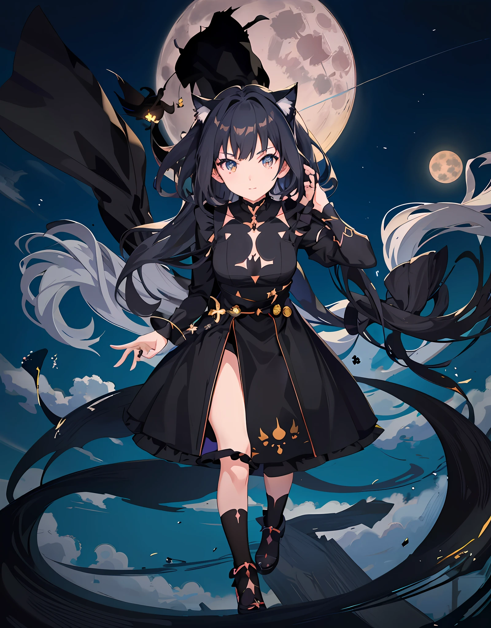 anime girl in a black dress with a cat tail and a full moon, very beautiful anime cat girl, anime moe artstyle, beautiful anime catgirl, anime girl wearing a black dress, cute anime catgirl, anime girl with cat ears, anime catgirl, demon anime girl, cute anime waifu in a nice dress, badass anime 8 k, anime goddess