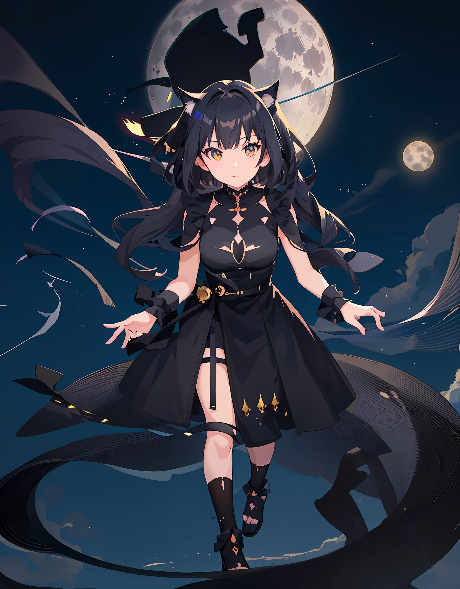 anime girl in a black dress with a cat tail and a full moon, very beautiful anime cat girl, anime moe artstyle, beautiful anime catgirl, anime girl wearing a black dress, cute anime catgirl, anime girl with cat ears, anime catgirl, demon anime girl, cute anime waifu in a nice dress, badass anime 8 k, anime goddess