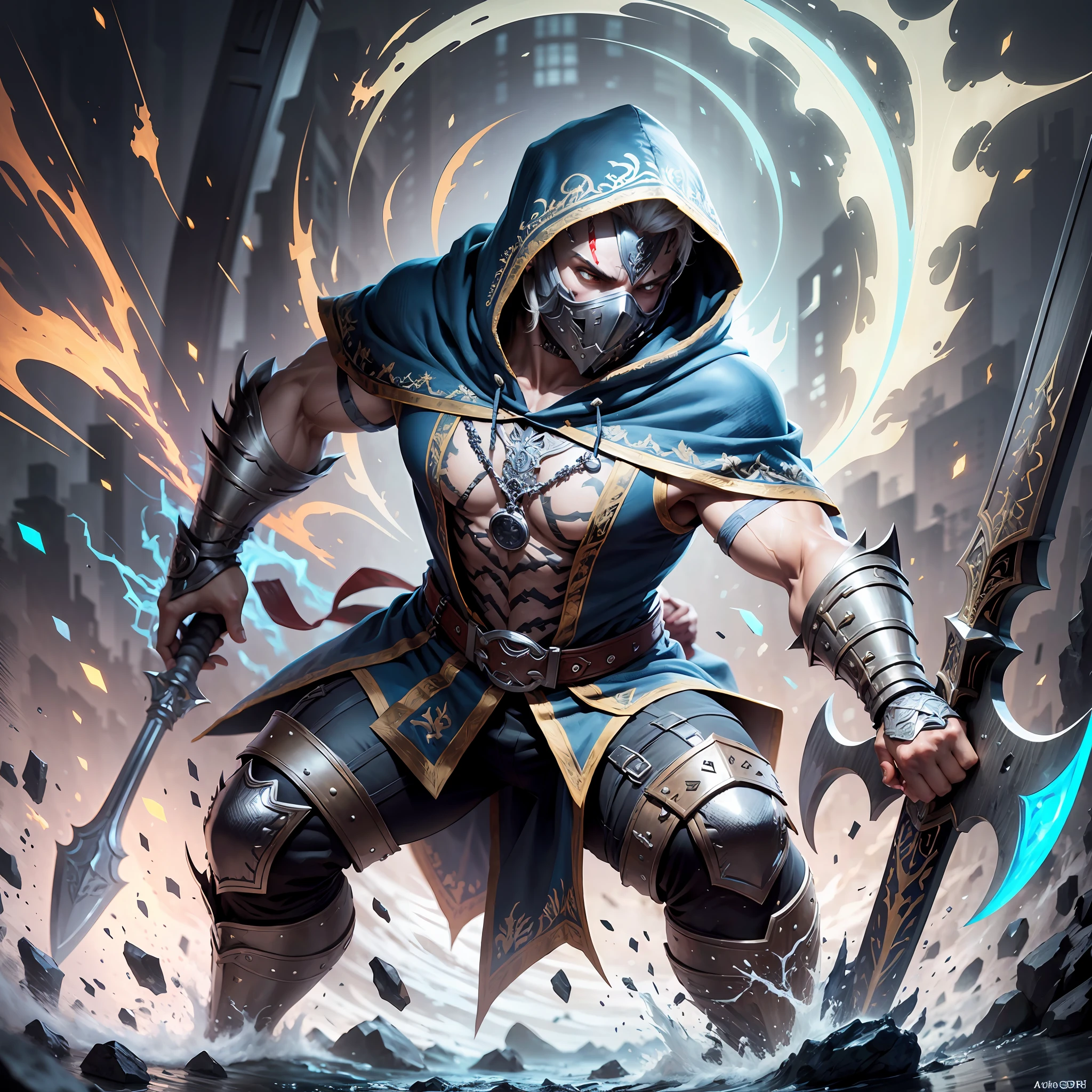 A male character, wearing hood and tunic, wearing Jason's mask, intricate details, rich in detail, dynamic scene, action pose, axe in one hand, FHD --auto --s2