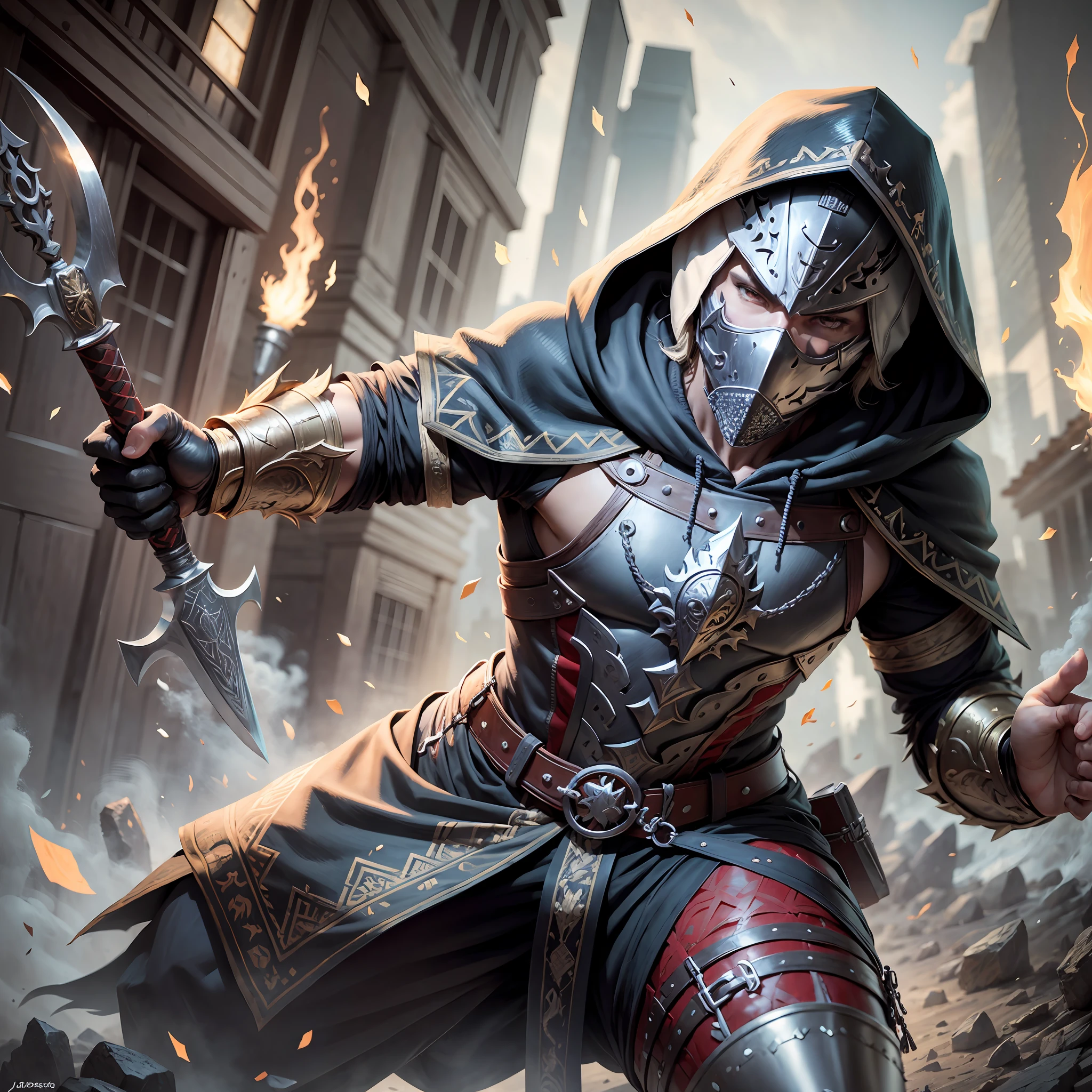 A male character, wearing hood and tunic, wearing Jason's mask, intricate details, rich in detail, dynamic scene, action pose, axe in one hand, FHD --auto --s2