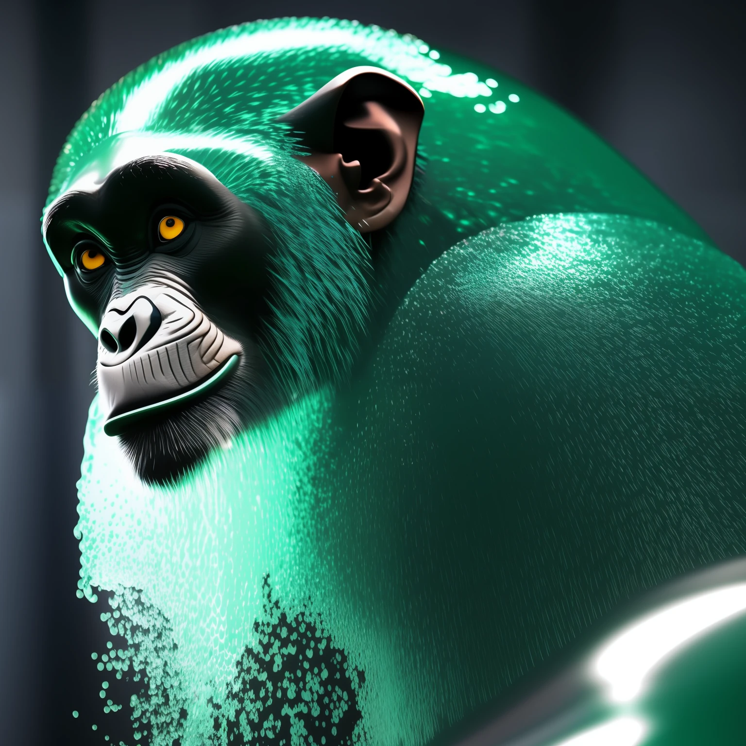 green watery liquid melting from a chimpanzee semi-transparent green color, AI generated, action, cinematic, matrix filter, photorealistic, 8k , hyperrealistic , octane render, unreal engine, Lighting dramatic, dark, dark night Enigmatic, 8k, cinematic character, side view from below, Macro photography, 35mm lens, still film photography, shot with canon 3:2 --auto --s2