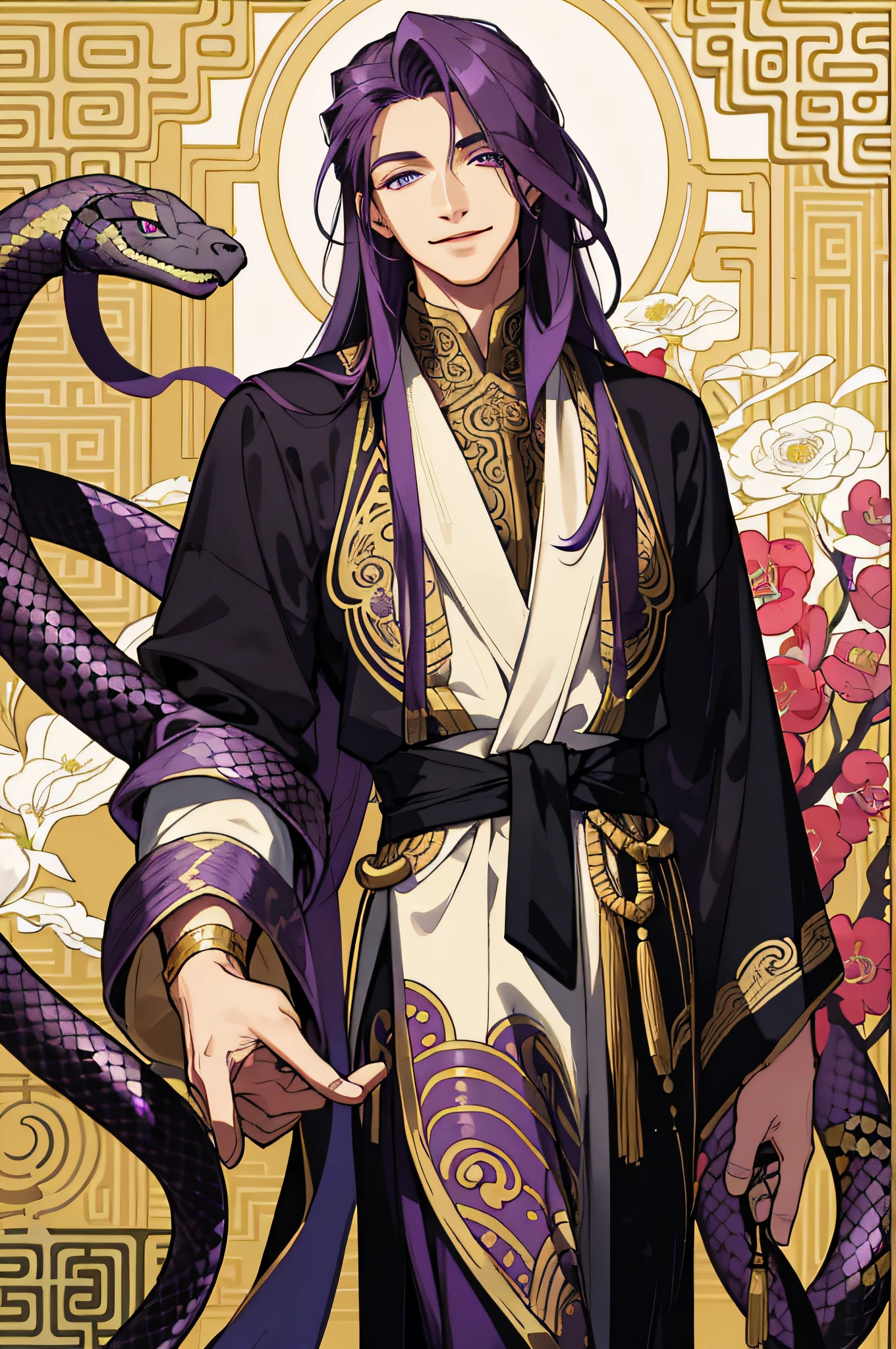 Masterpiece, best quality, 1 male, handsome, delicate eyes, intricate details, long purple hair, golden eyes, smile, gentle smile, period costume, ancient Chinese, gorgeous robes, dark purple, black, golden, snake