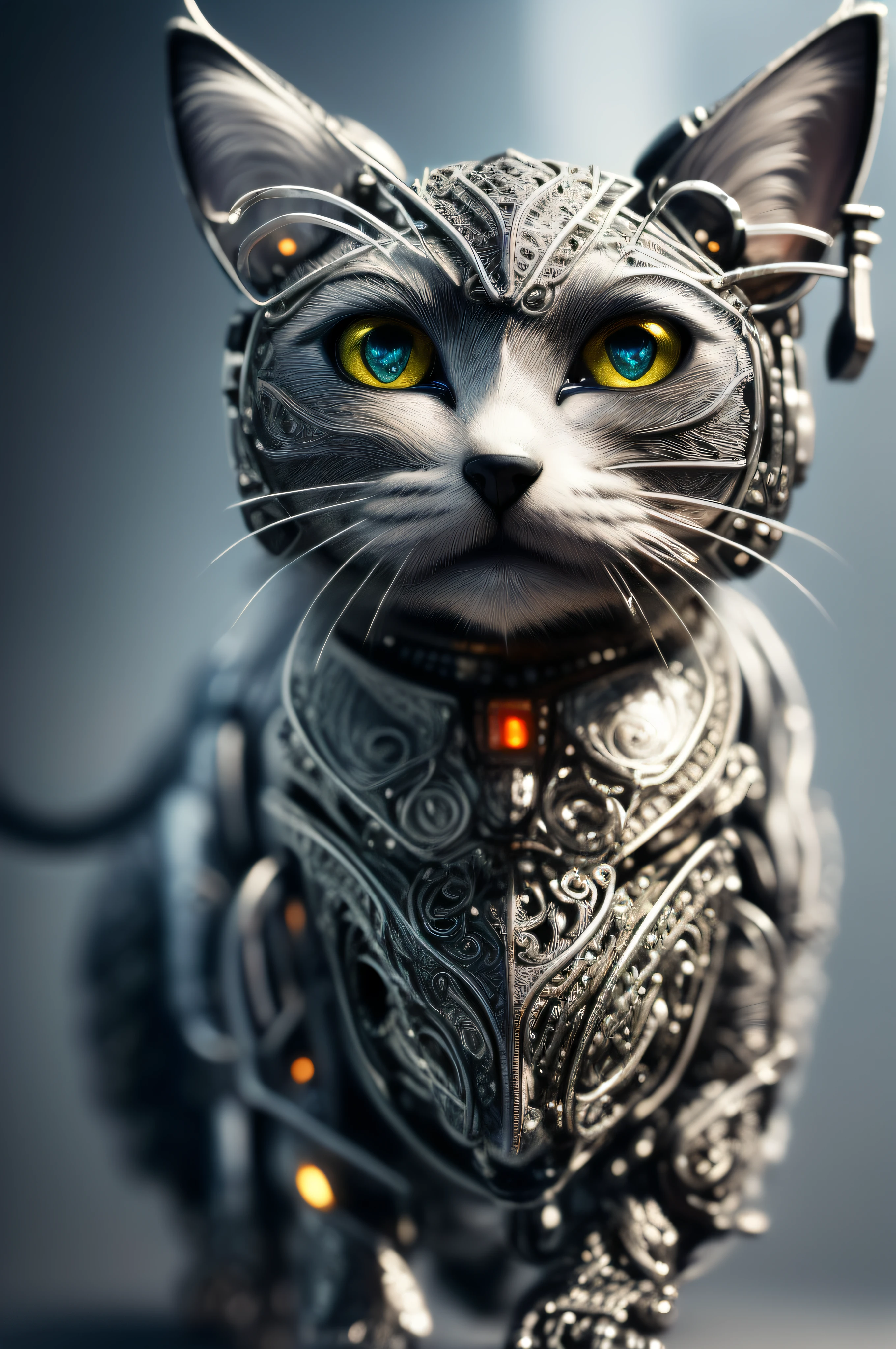to8contrast style, a cute smoky kitten made out of metal, (cyborg:1.2), ([tail | detailed wire]:1.3), (intricate details), hdr, (intricate details, hyperdetailed:1.2), cinematic shot, vignette, centered, by Stray game, (the most beautiful portrait in the world:1.5)