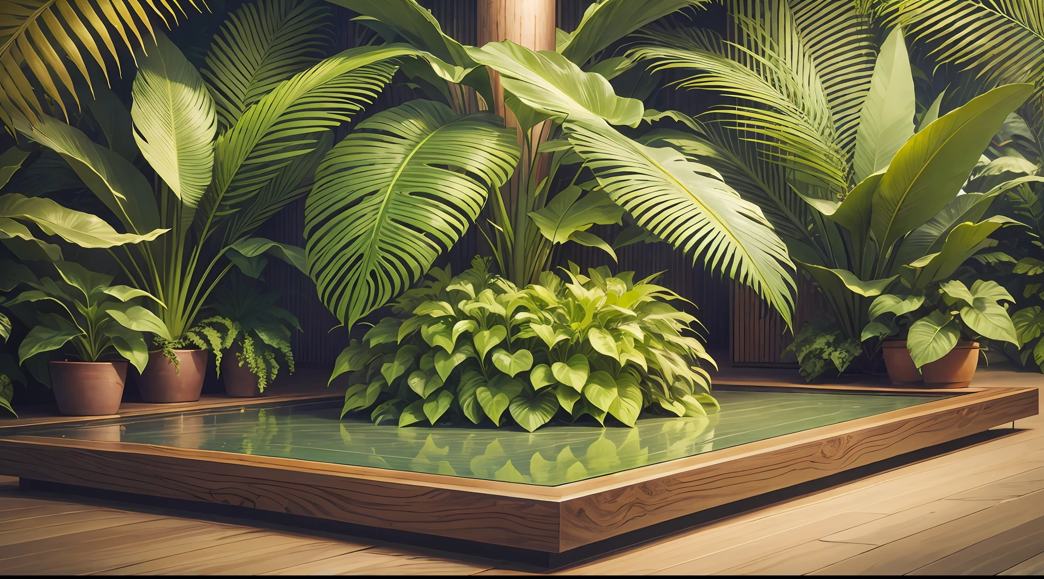 An exotic tropical wooden podium with lush green foliage as the backdrop for an impeccable product presentation resembling the beauty of the surrounding environment. --auto --s2