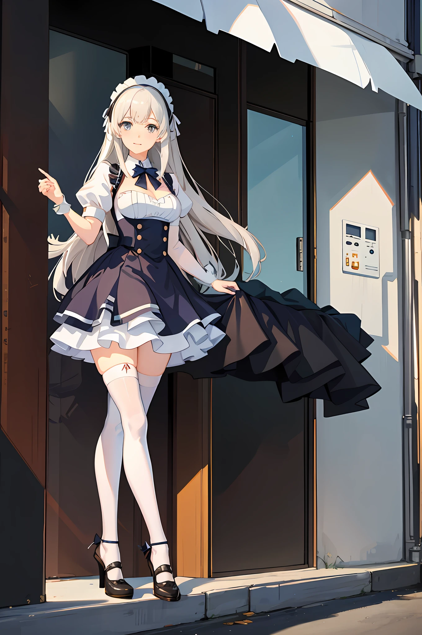anime character dressed in white uniform posing in front of a building, anime girl in a maid costume, with index finger, anime moe artstyle, maid outfit, marin kitagawa fanart, fine details. girls frontline, hestia, from girls frontline, official artwork, high detailed official artwork, girls frontline style, girls frontline cg, albedo from overlord --auto --s2
