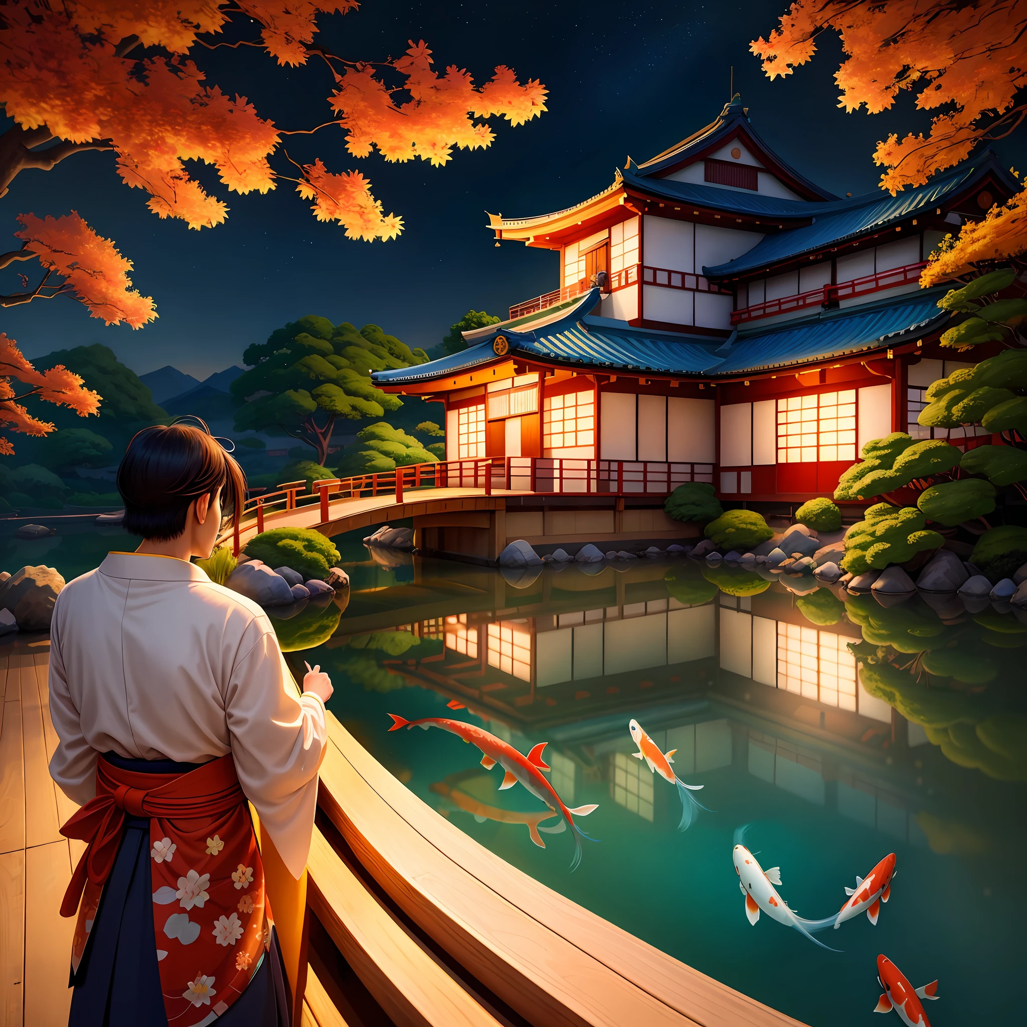 (Digital Painting), (Best Quality), Tanabata Festival, Koi Pond, Ukiyo-e Art Style, Katsushika Hokusai Inspiration, Deviant Art popular, 8k, Soft color scheme, Soft lighting, Golden Hour, Tranquil Atmosphere, Horizontal, A man and a woman look at each other affectionately.