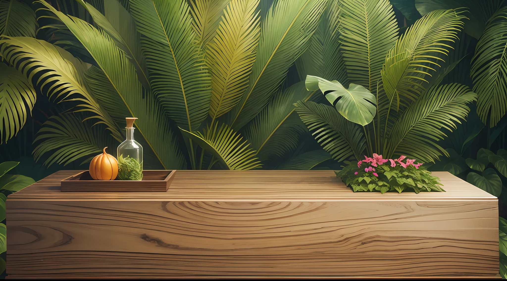 An exotic tropical wooden podium with lush green foliage as the backdrop for an impeccable product presentation resembling the beauty of the surrounding environment. --auto --s2