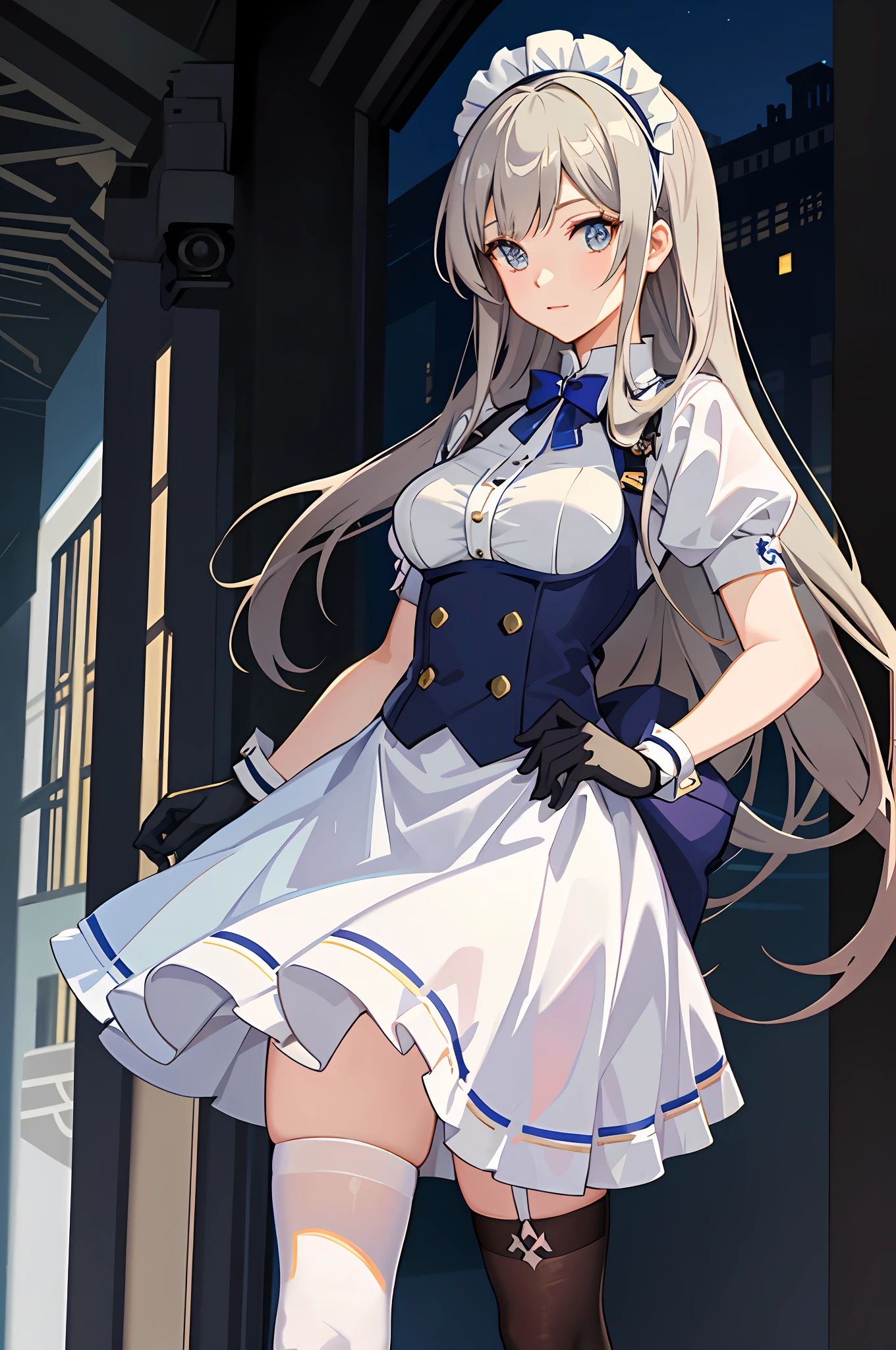 anime character dressed in white uniform posing in front of a building, anime girl in a maid costume, with index finger, anime moe artstyle, maid outfit, marin kitagawa fanart, fine details. girls frontline, hestia, from girls frontline, official artwork, high detailed official artwork, girls frontline style, girls frontline cg, albedo from overlord --auto --s2