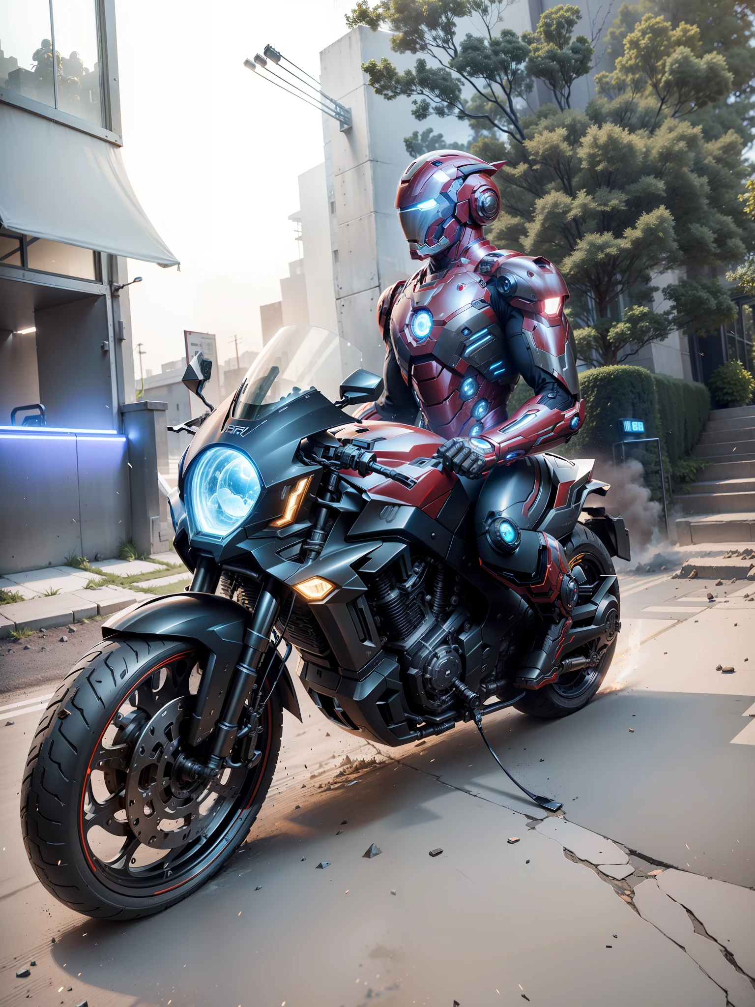 Mechanical explosion, Cyber Iron Man and Cyber Mechanical Motorcycle, exquisite black tech helmet, Nousr, biomechanics, MSHN robot man, high-tech helmet, surreal, steel, intricate design, crazy detail, fine detail, extremely clear lines, cinematic lighting, photo realism, detailed masterpiece