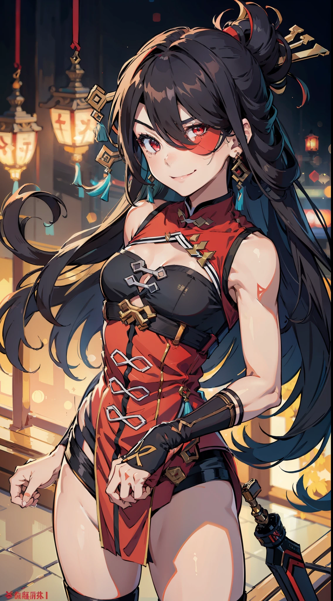 1girl, (solo:1.2), ((masterpiece)), [slim], (small chest), ((detailed eyes)), (bokeh effect), dynamic pose, medium shot, beidoudef, (red eyepatch), long hair, dark hair, red and black dress, smiling, smirking, left bangs, high socks