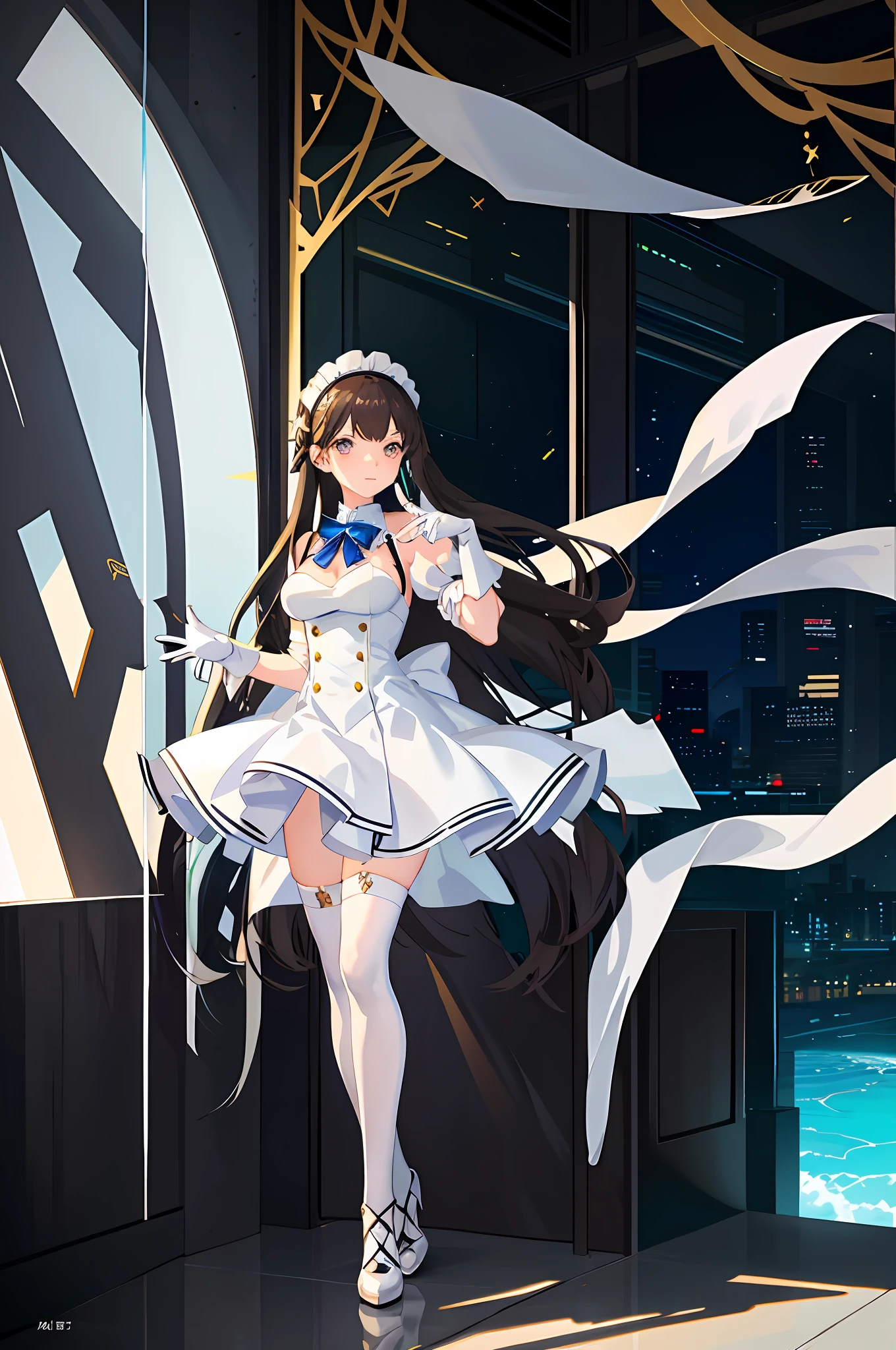 anime character dressed in white uniform posing in front of a building, anime girl in a maid costume, with index finger, anime moe artstyle, maid outfit, marin kitagawa fanart, fine details. girls frontline, hestia, from girls frontline, official artwork, high detailed official artwork, girls frontline style, girls frontline cg, albedo from overlord --auto --s2